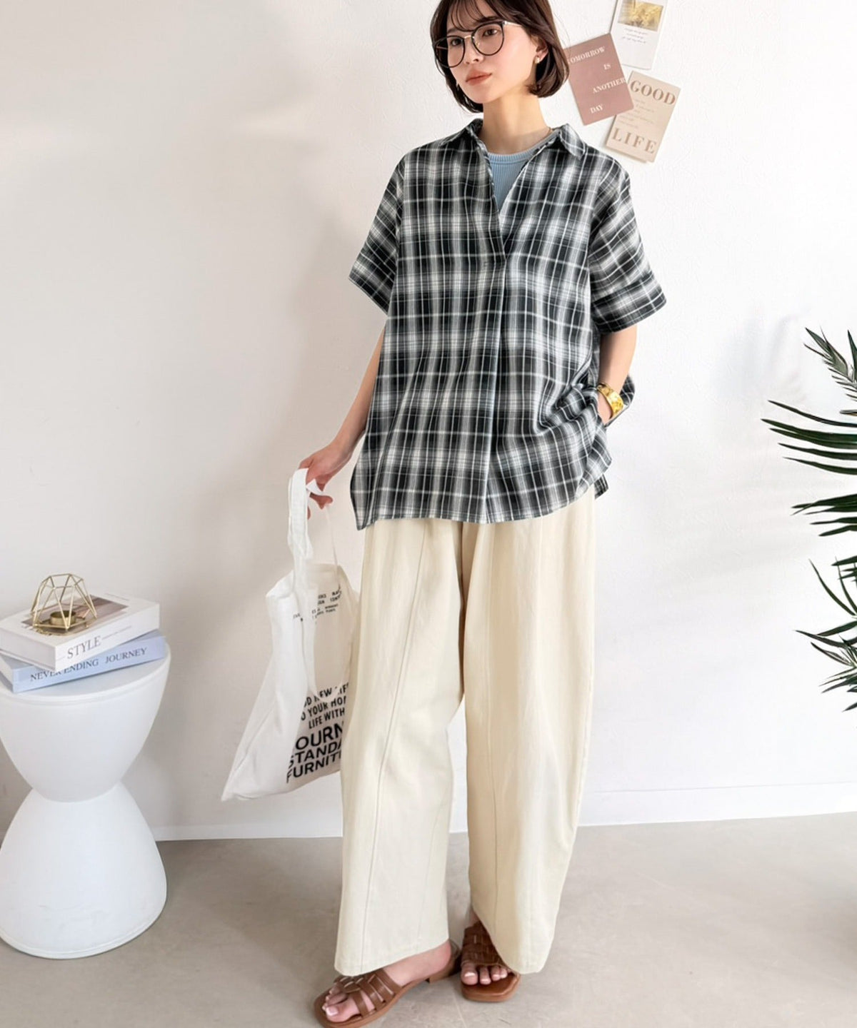 《JaVaジャバコラボ》涼しげに、女っぽく。シアーオーバーサイズスキッパー半袖シャツ（チェック柄＆無地） jv1240120