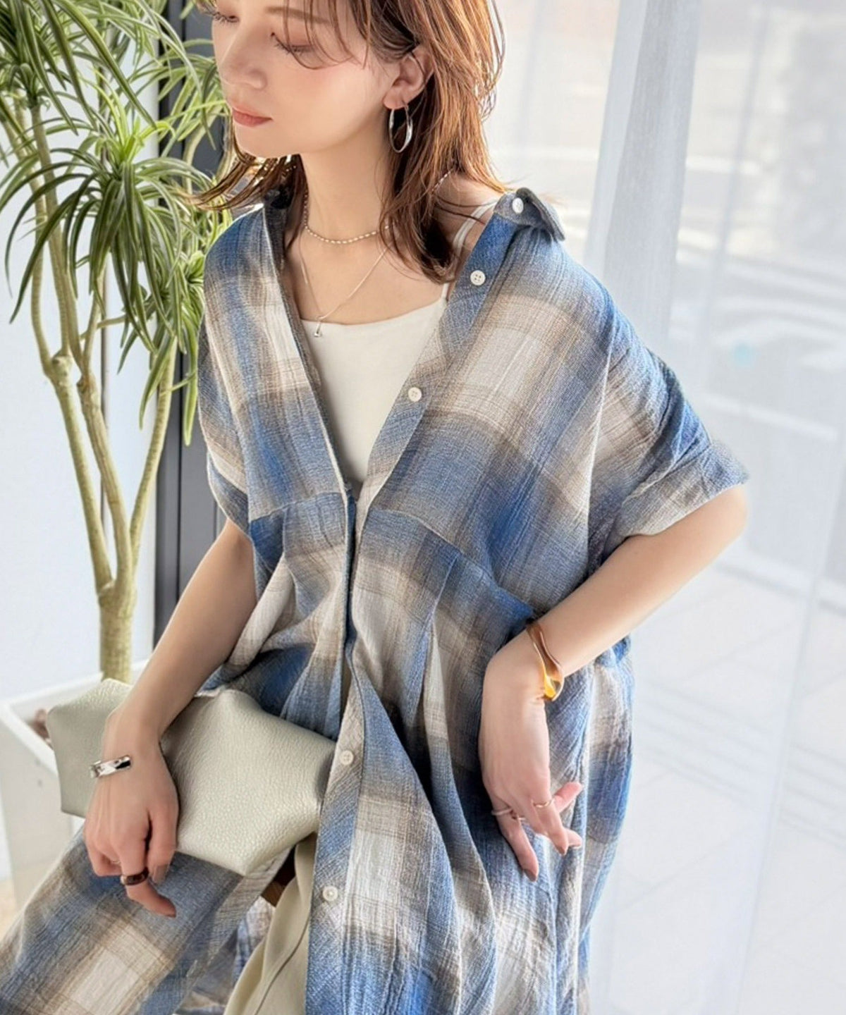 気分はリゾート♪大人可愛いチェック柄がポイント。パナマ風フレンチスリーブチェックチュニック ce1010590