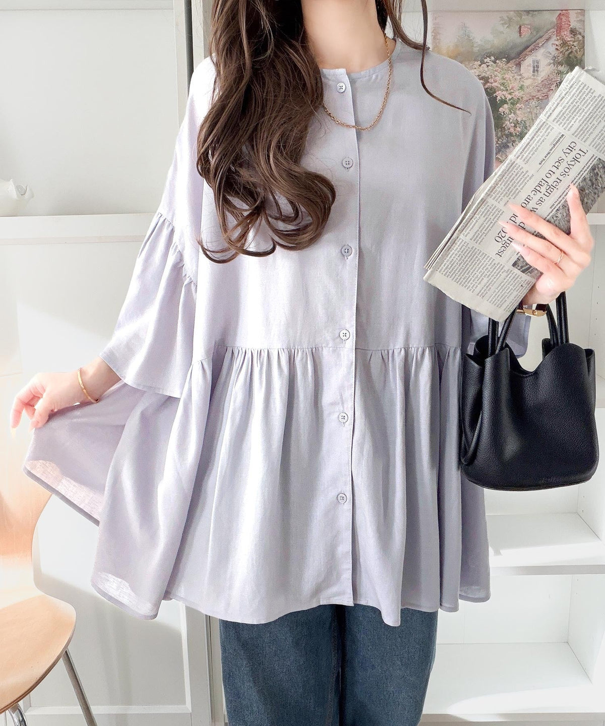 【接触冷感・UVカット機能付き】涼感ひらり、上品きれい。麻混 前後2way 袖フリルウエスト切り替え ペプラムブラウス ce1010543