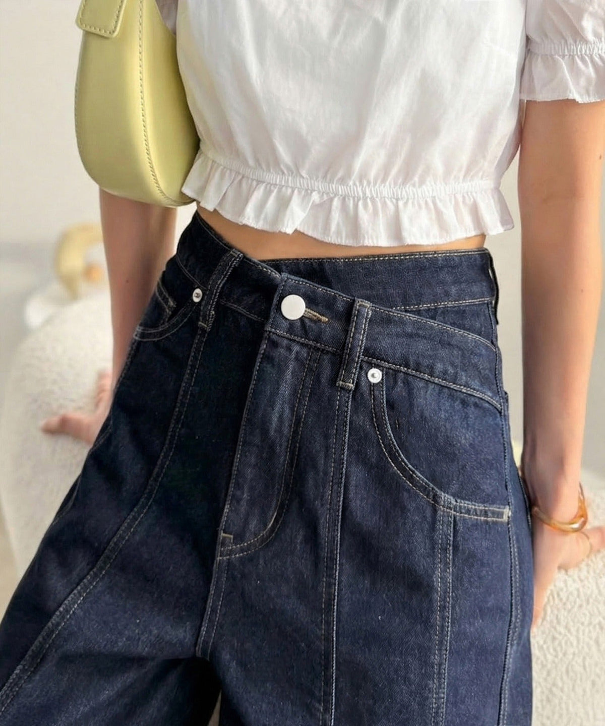 【mily bilet】盛れるワイド、優勝シルエット。ウエストアシメデザイン切り替えラインデニムパンツ mi0909026