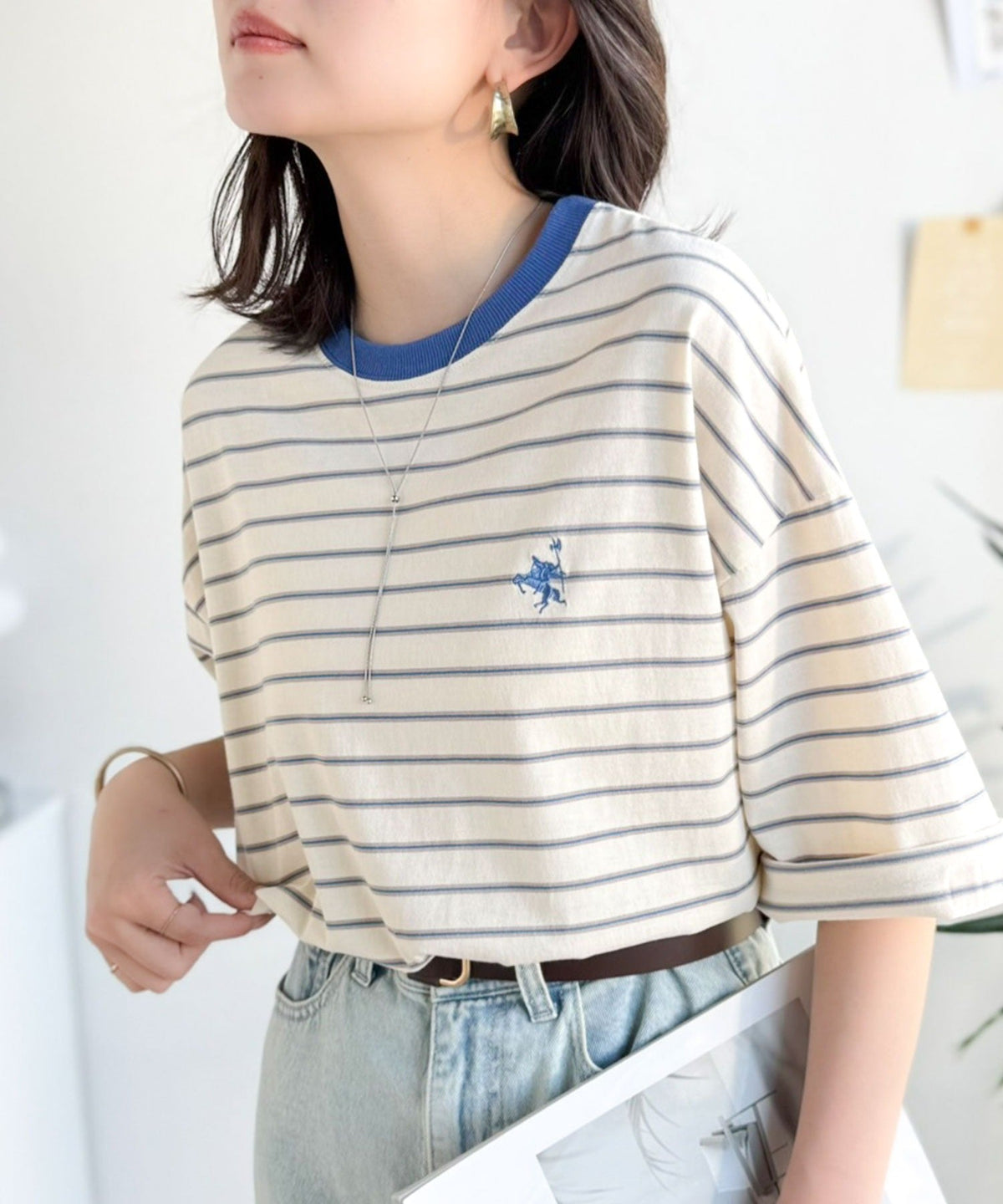《JaVaジャバコラボ》着回し自在で日常に馴染む♪ 胸刺繍マルチボーダーアソートTシャツ jv1330097