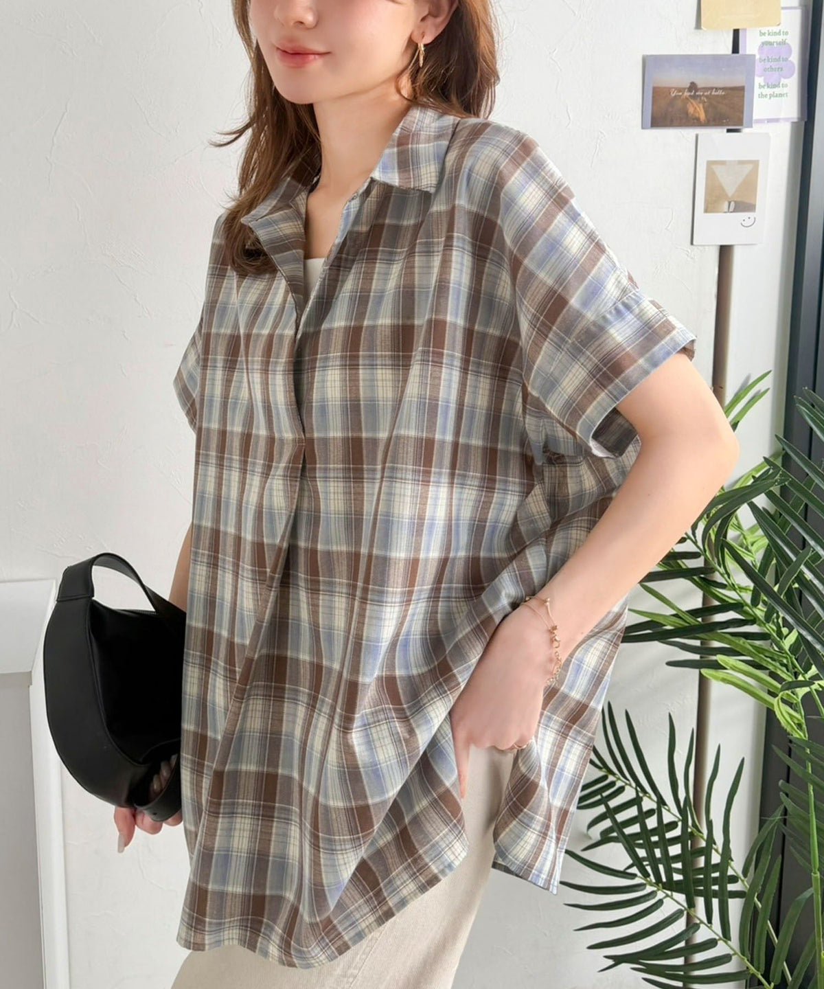 《JaVaジャバコラボ》涼しげに、女っぽく。シアーオーバーサイズスキッパー半袖シャツ（チェック柄＆無地） jv1240120