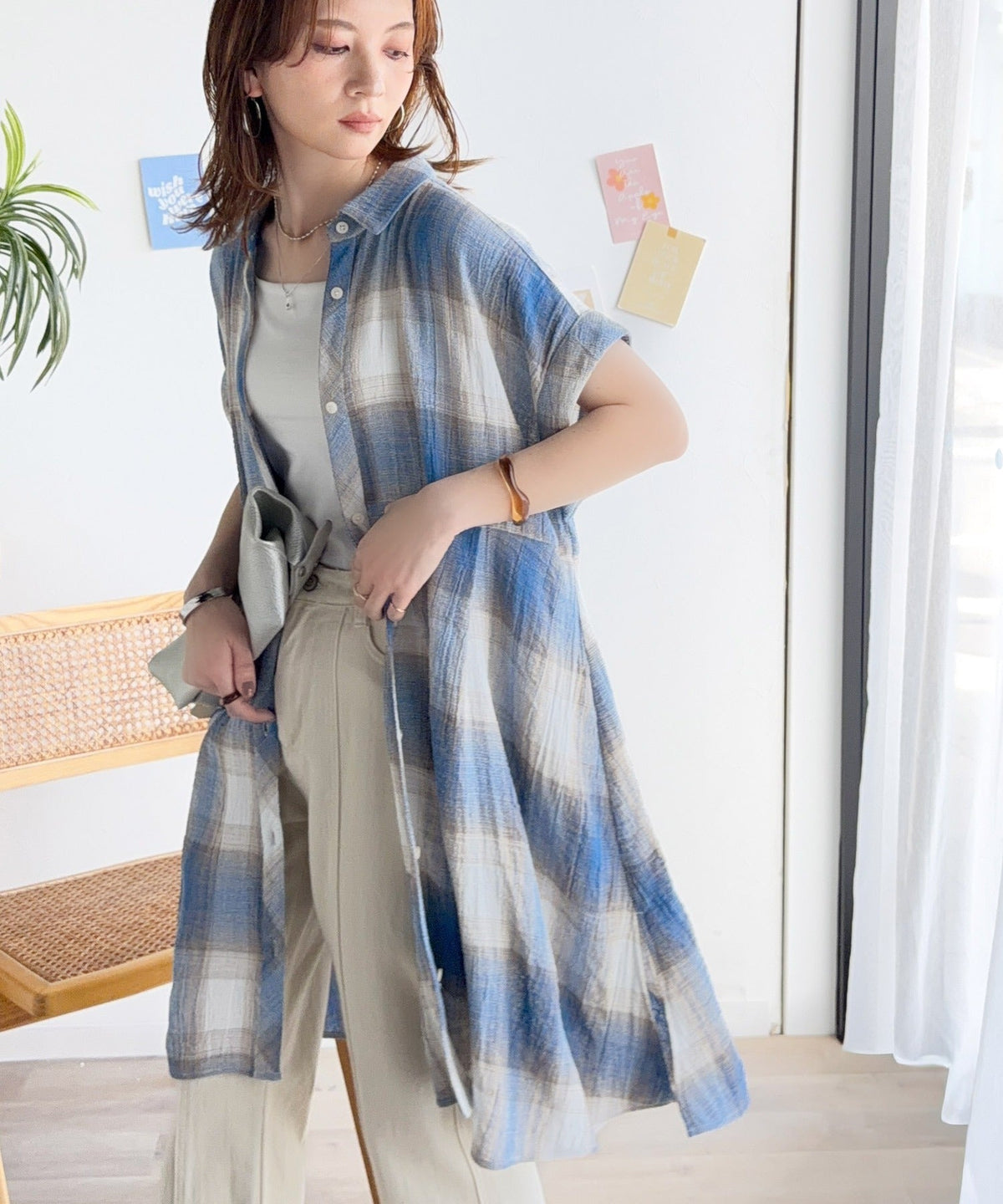 気分はリゾート♪大人可愛いチェック柄がポイント。パナマ風フレンチスリーブチェックチュニック ce1010590