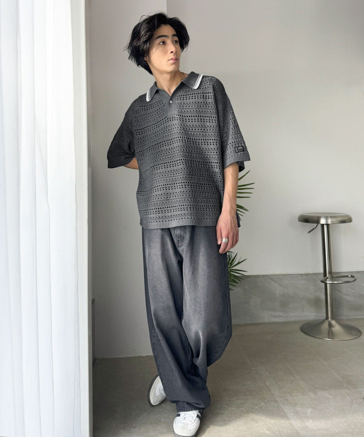 《JaVaジャバコラボ》レトロ〝っぽい〟がちょうどいい。メッシュ編地柄 スキッパー襟 ニットポロシャツ（半袖） jo1250002