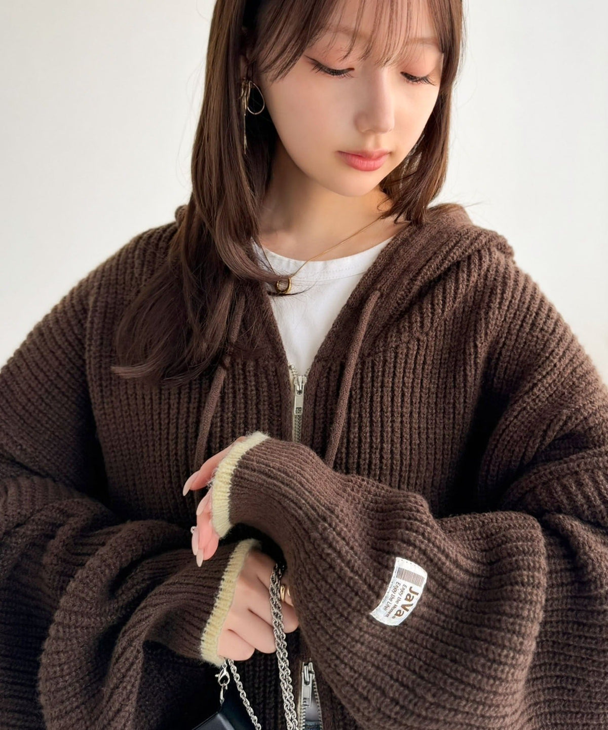 《JaVaジャバコラボ》だぼっとラフに気崩す！ざっくり畦編みWジップバイカラー配色オーバーサイズニットパーカー jv1330111