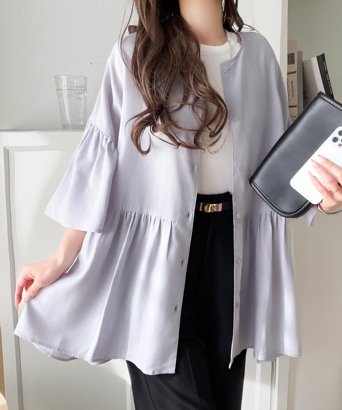 【接触冷感・UVカット機能付き】涼感ひらり、上品きれい。麻混 前後2way 袖フリルウエスト切り替え ペプラムブラウス ce1010543