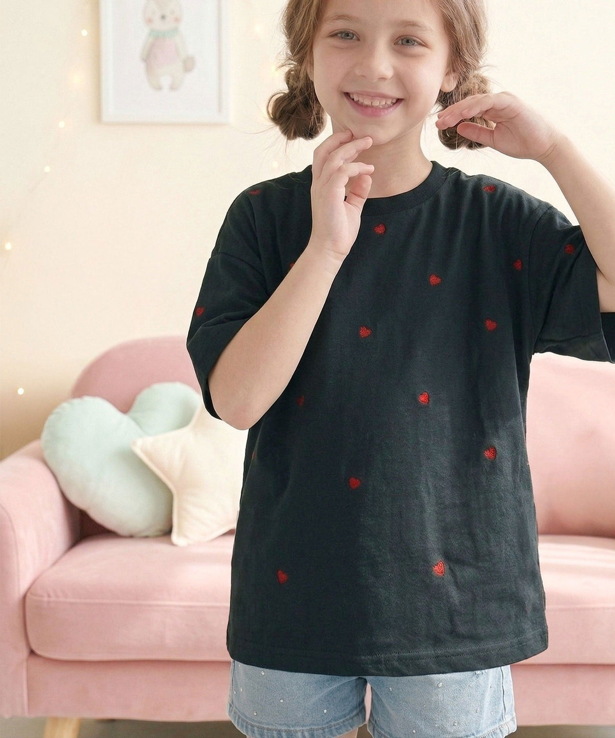 【キッズ】《JaVaジャバコラボ》親子お揃い リンクコーデできちゃう！ミニハート刺繍Tシャツ（半袖） jk1010470
