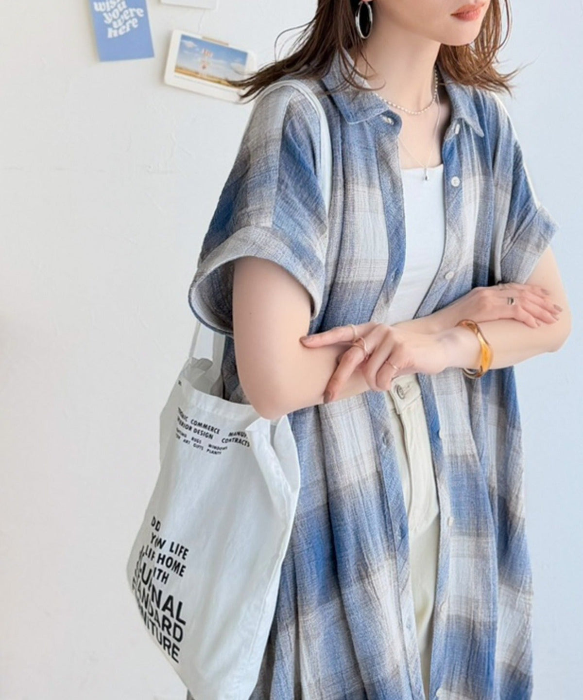 気分はリゾート♪大人可愛いチェック柄がポイント。パナマ風フレンチスリーブチェックチュニック ce1010590