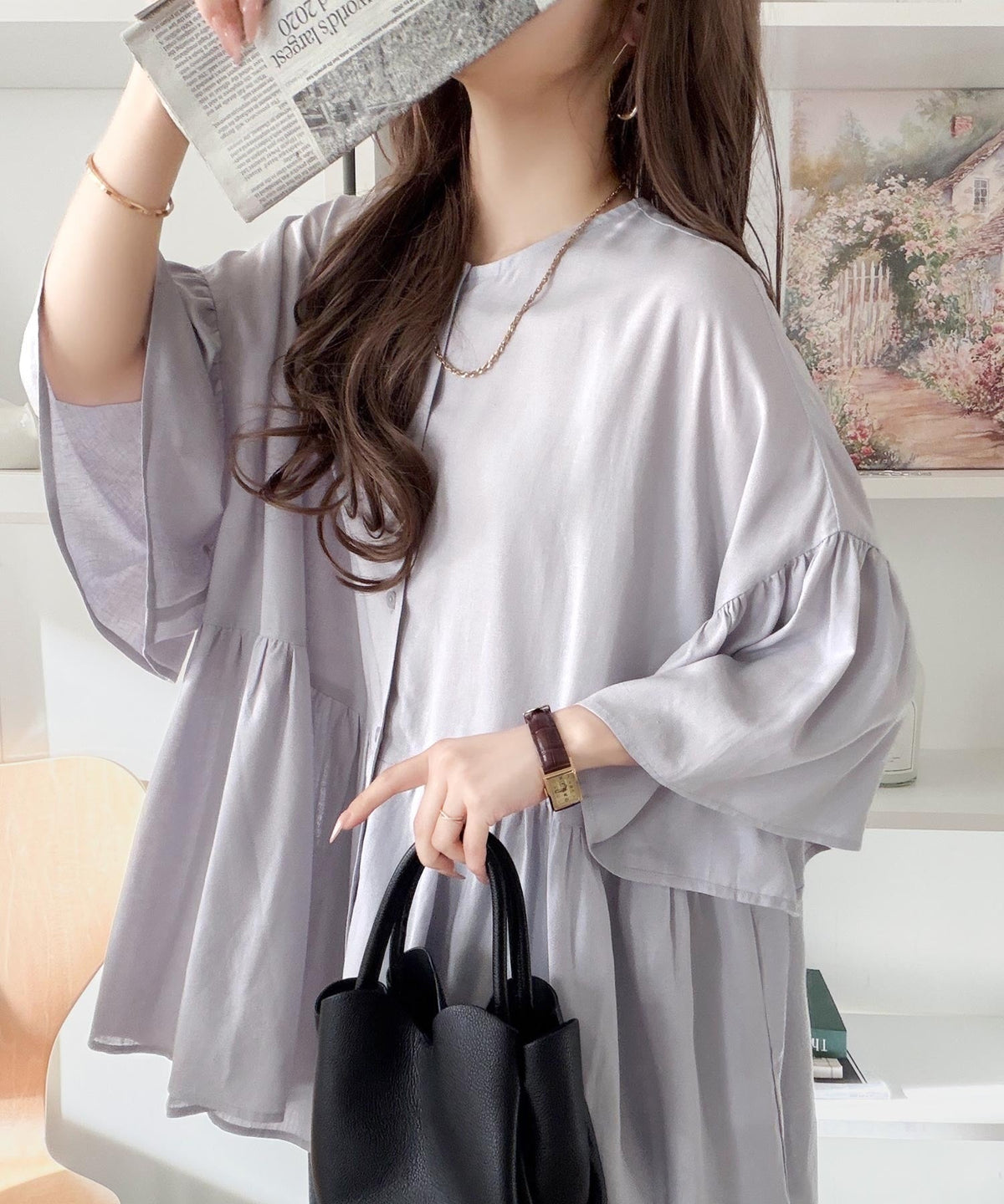 【接触冷感・UVカット機能付き】涼感ひらり、上品きれい。麻混 前後2way 袖フリルウエスト切り替え ペプラムブラウス ce1010543