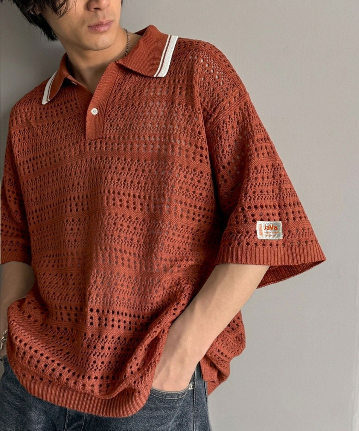 《JaVaジャバコラボ》レトロ〝っぽい〟がちょうどいい。メッシュ編地柄 スキッパー襟 ニットポロシャツ（半袖） jo1250002
