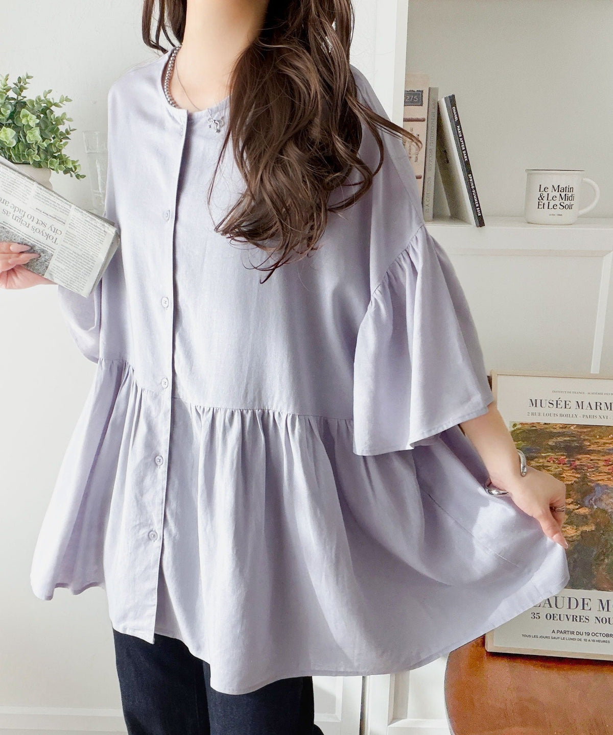 【接触冷感・UVカット機能付き】涼感ひらり、上品きれい。麻混 前後2way 袖フリルウエスト切り替え ペプラムブラウス ce1010543