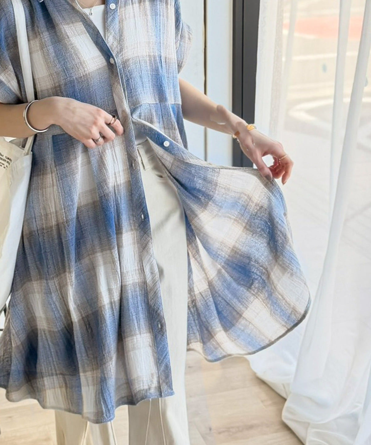 気分はリゾート♪大人可愛いチェック柄がポイント。パナマ風フレンチスリーブチェックチュニック ce1010590