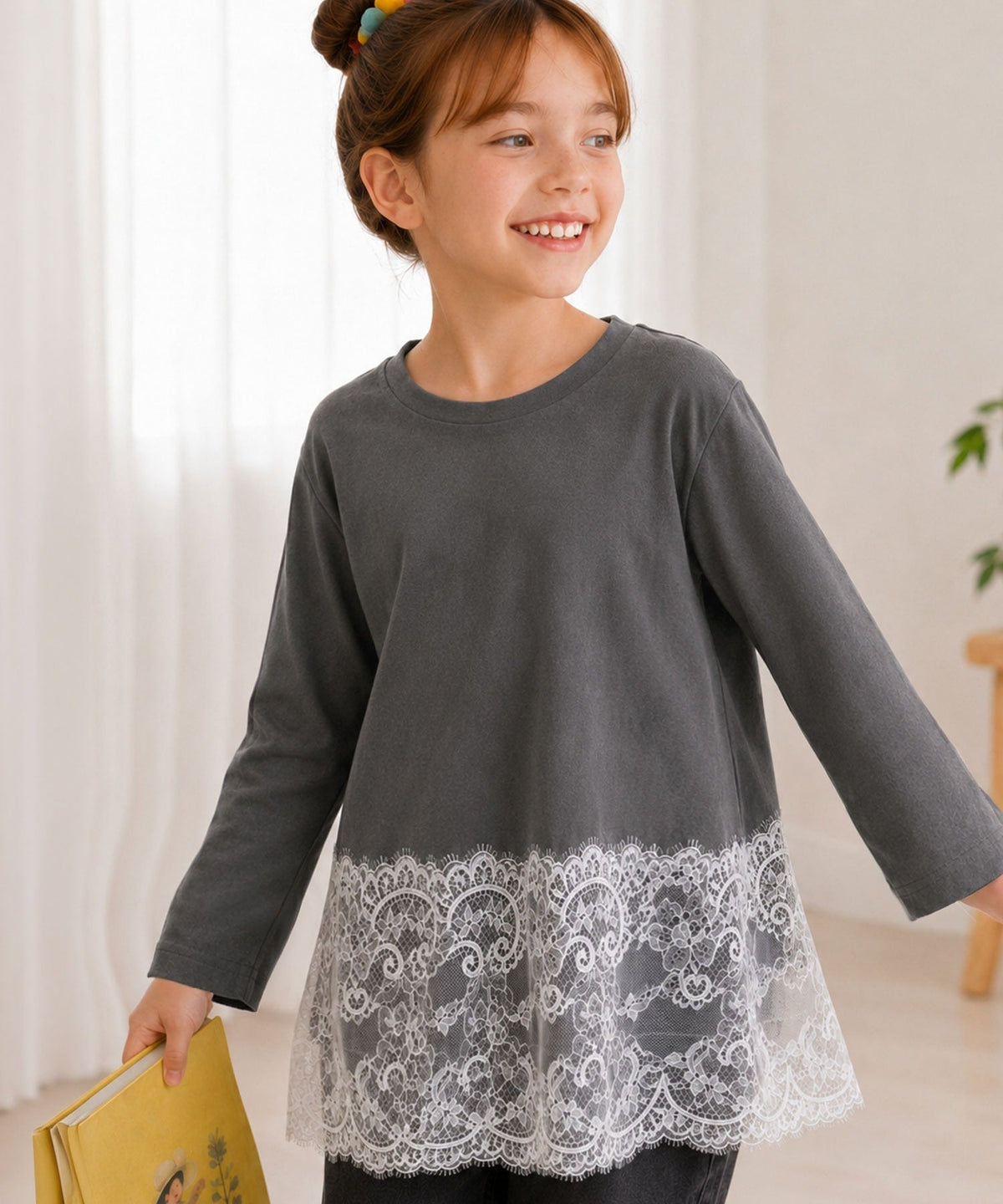 【キッズ】親子お揃いOK♪さらっと今っぽくなる 裾レースドッキングTシャツ(長袖) ck1020364