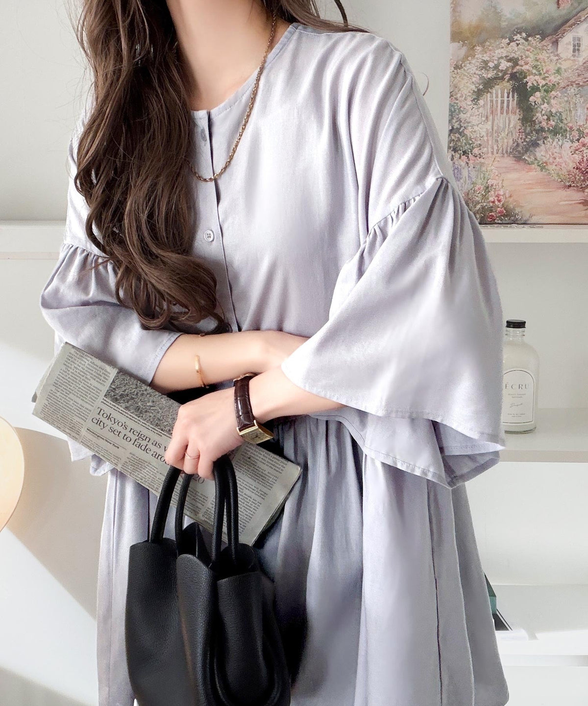 【接触冷感・UVカット機能付き】涼感ひらり、上品きれい。麻混 前後2way 袖フリルウエスト切り替え ペプラムブラウス ce1010543