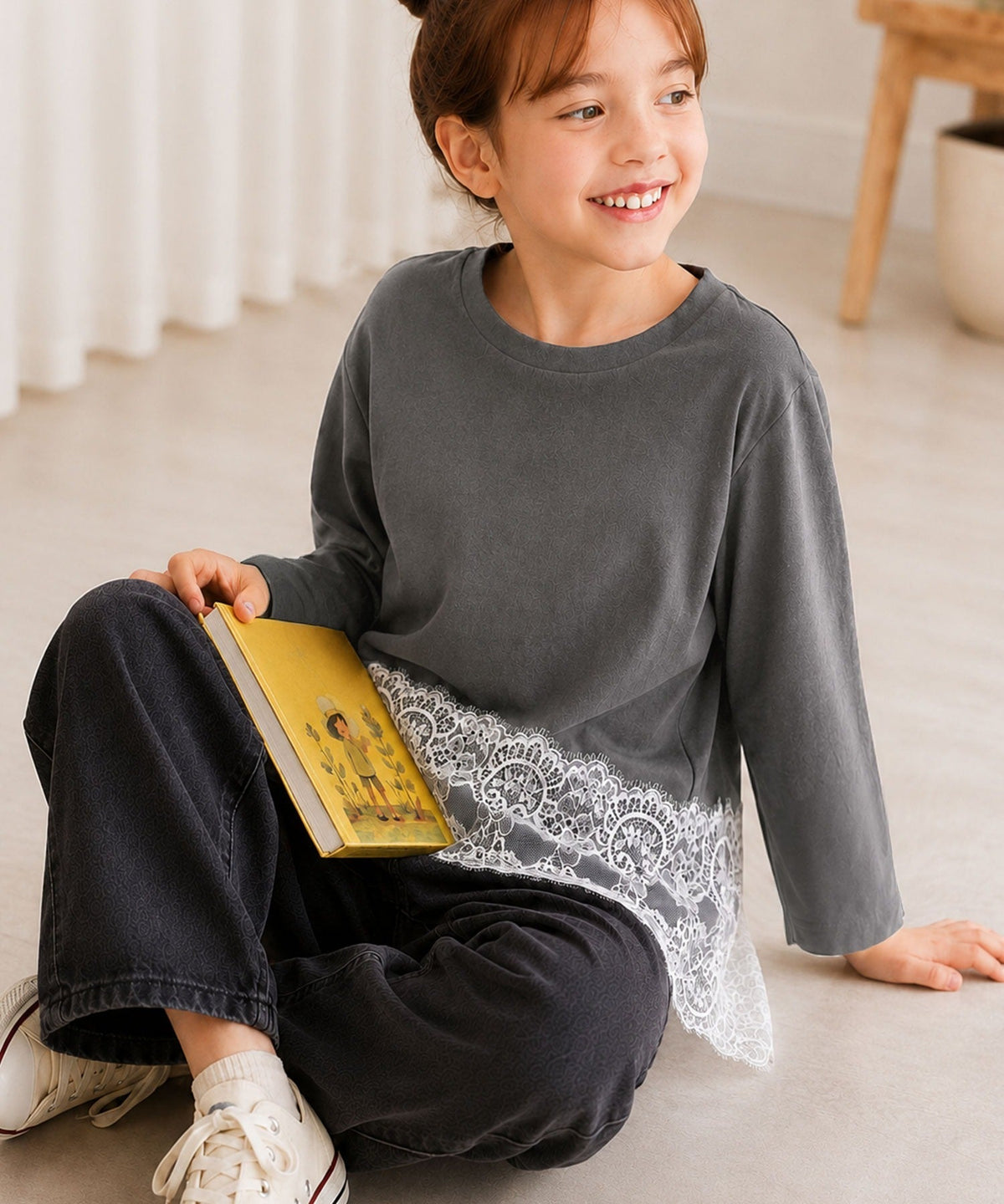【キッズ】親子お揃いOK♪さらっと今っぽくなる 裾レースドッキングTシャツ(長袖) ck1020364