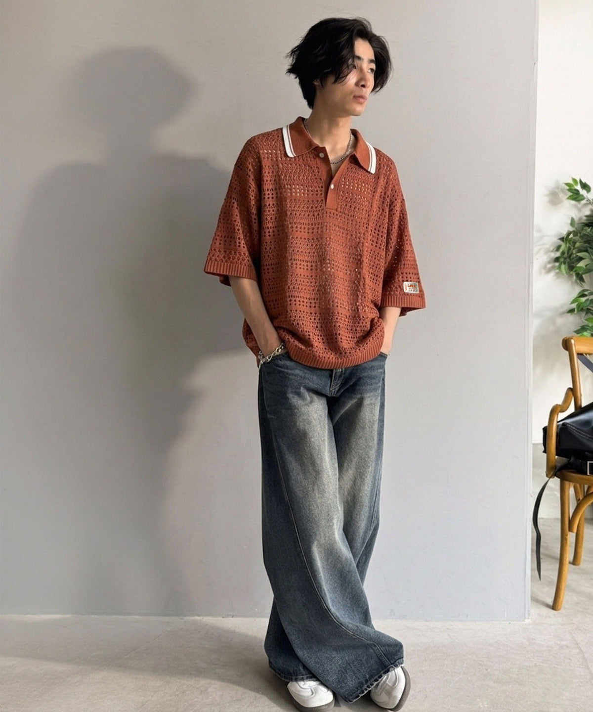 《JaVaジャバコラボ》レトロ〝っぽい〟がちょうどいい。メッシュ編地柄 スキッパー襟 ニットポロシャツ（半袖） jo1250002