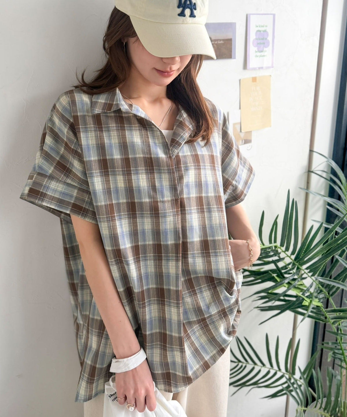 《JaVaジャバコラボ》涼しげに、女っぽく。シアーオーバーサイズスキッパー半袖シャツ（チェック柄＆無地） jv1240120