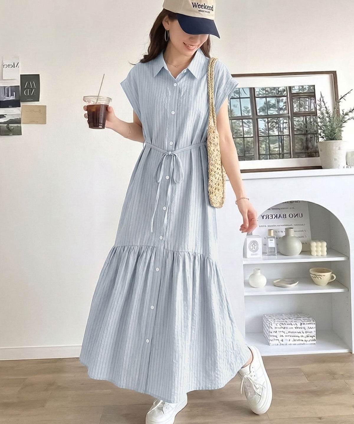清涼感のある素材で軽やかにスタイルアップ♪フレンチスリーブ裾フリルシャツワンピース ce1010577