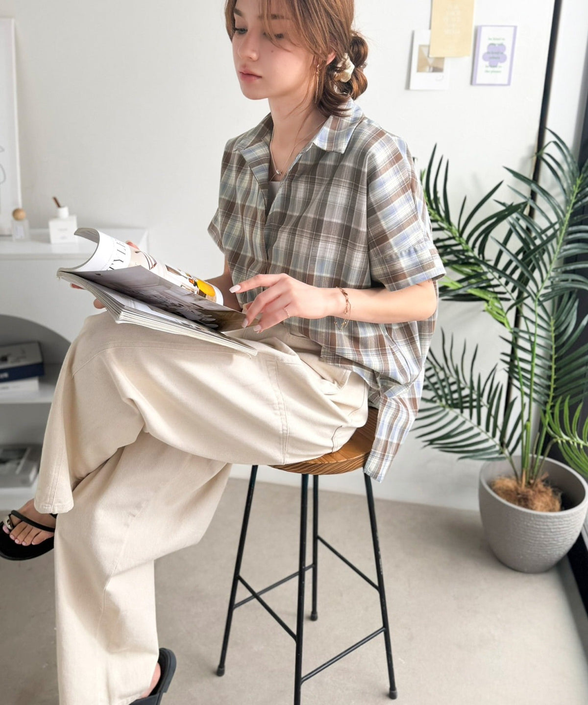 《JaVaジャバコラボ》涼しげに、女っぽく。シアーオーバーサイズスキッパー半袖シャツ（チェック柄＆無地） jv1240120