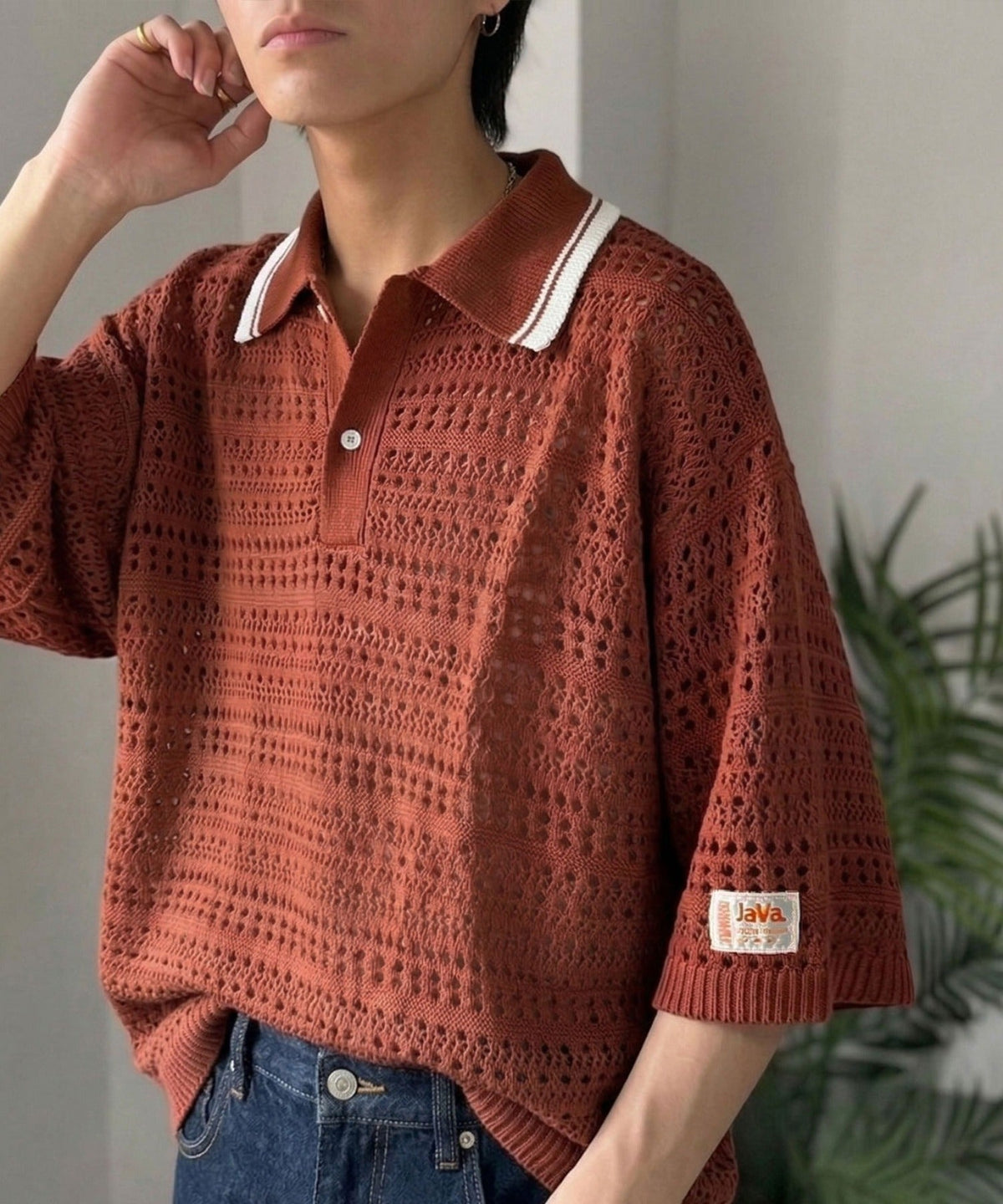 《JaVaジャバコラボ》レトロ〝っぽい〟がちょうどいい。メッシュ編地柄 スキッパー襟 ニットポロシャツ（半袖） jo1250002
