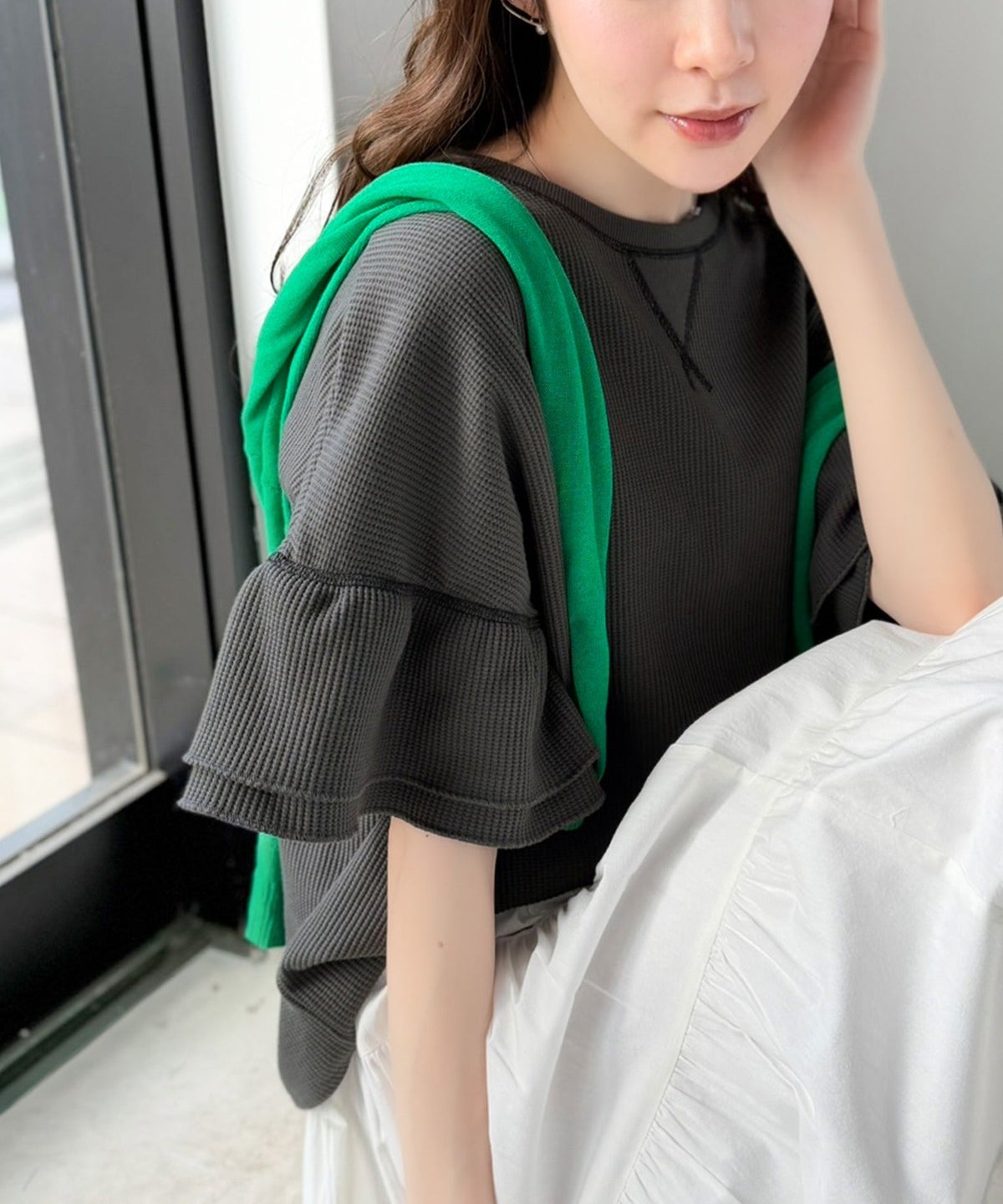 《JaVaジャバコラボ》甘さと着やすさの絶妙バランス。ワッフルダブルフリルトップス (半袖) jv1260561
