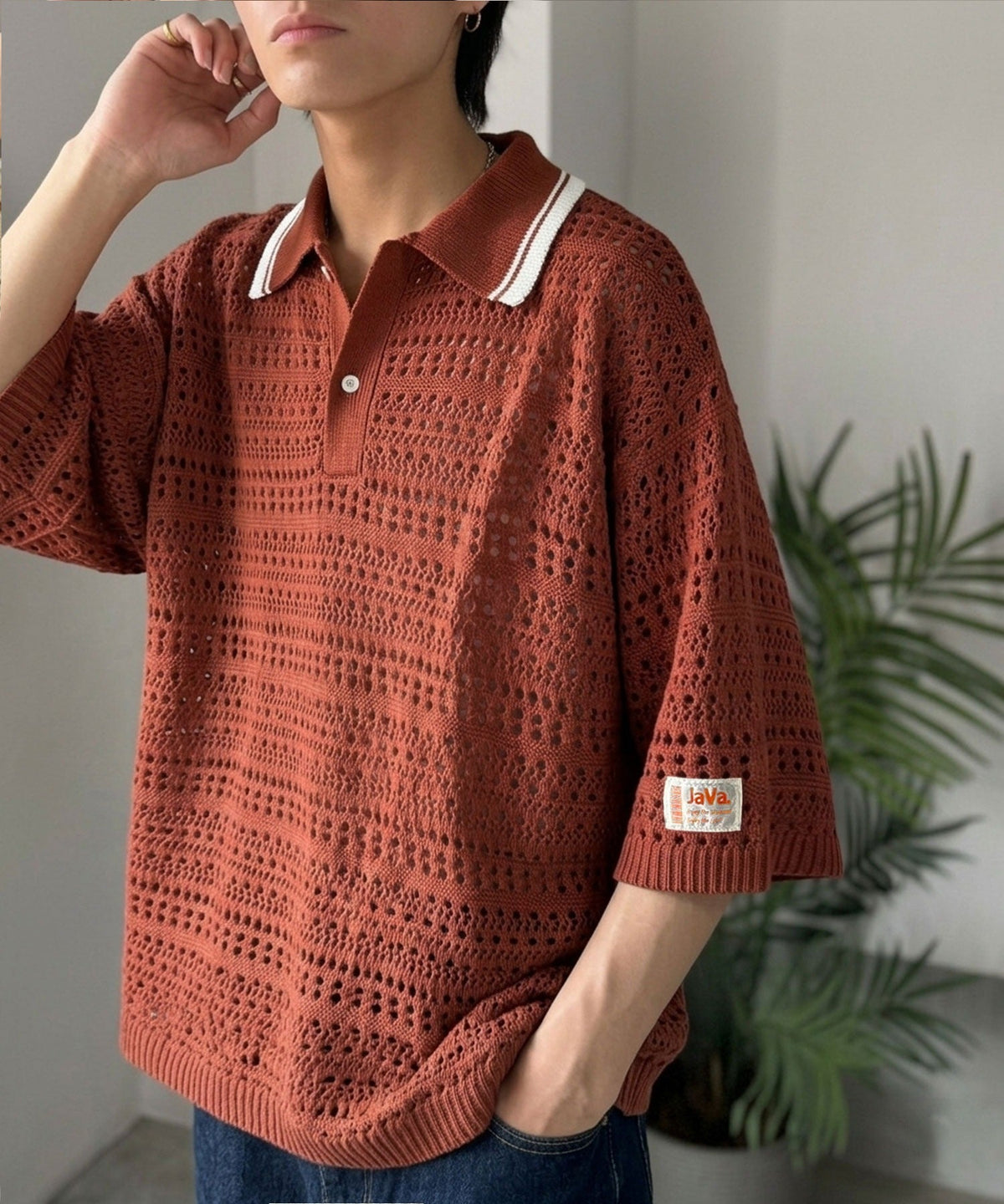 《JaVaジャバコラボ》レトロ〝っぽい〟がちょうどいい。メッシュ編地柄 スキッパー襟 ニットポロシャツ（半袖） jo1250002