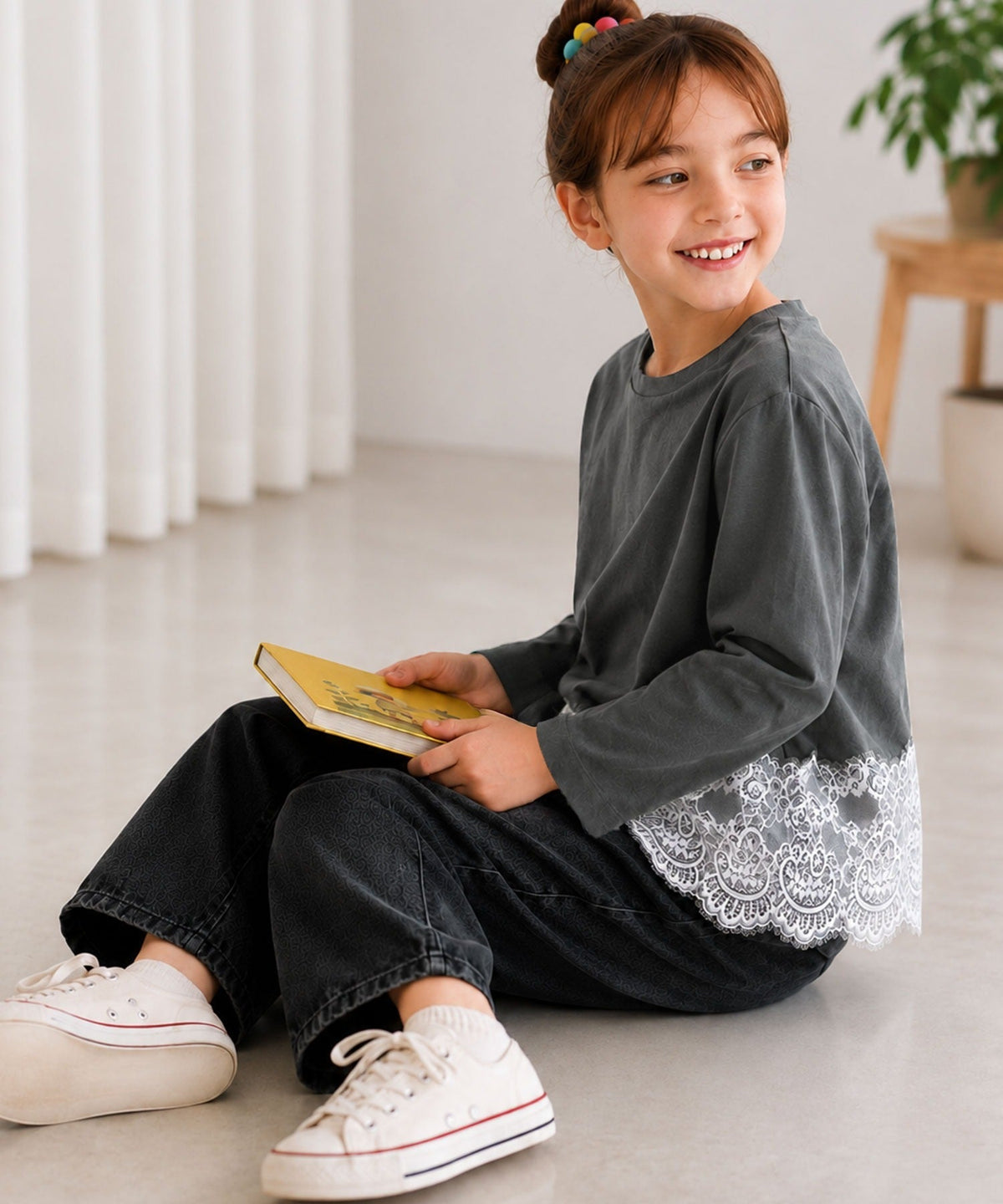 【キッズ】親子お揃いOK♪さらっと今っぽくなる 裾レースドッキングTシャツ(長袖) ck1020364