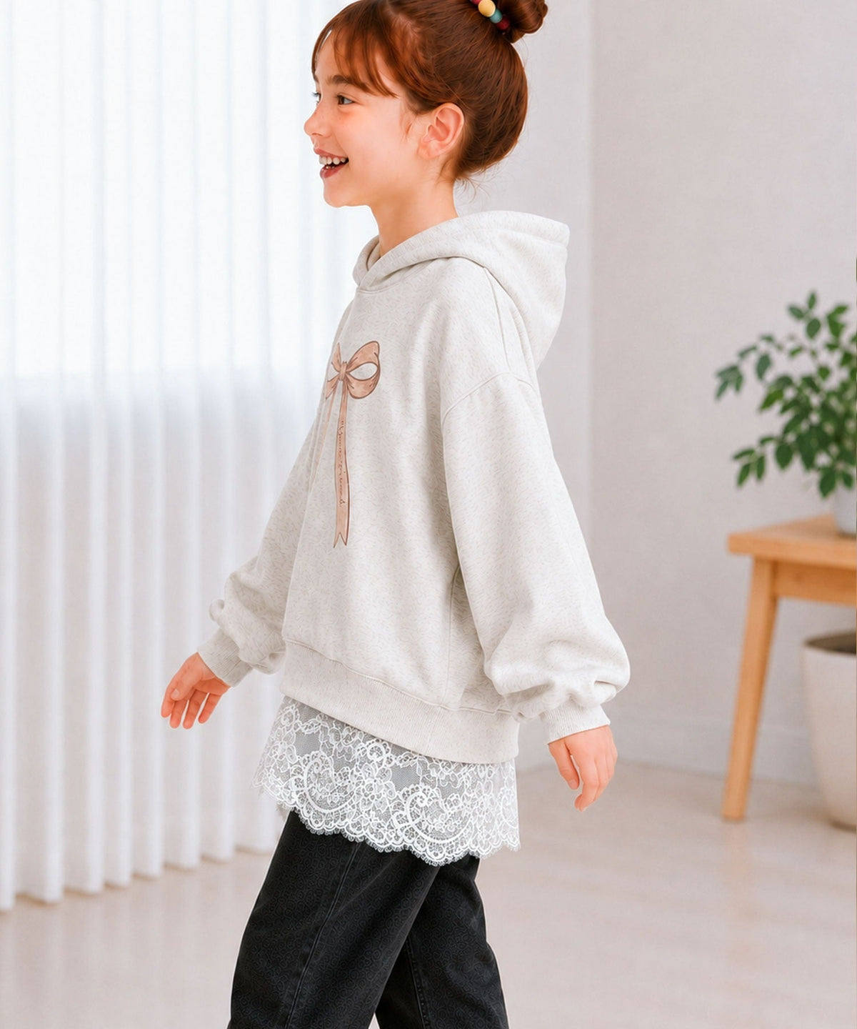【キッズ】親子お揃いOK♪さらっと今っぽくなる 裾レースドッキングTシャツ(長袖) ck1020364
