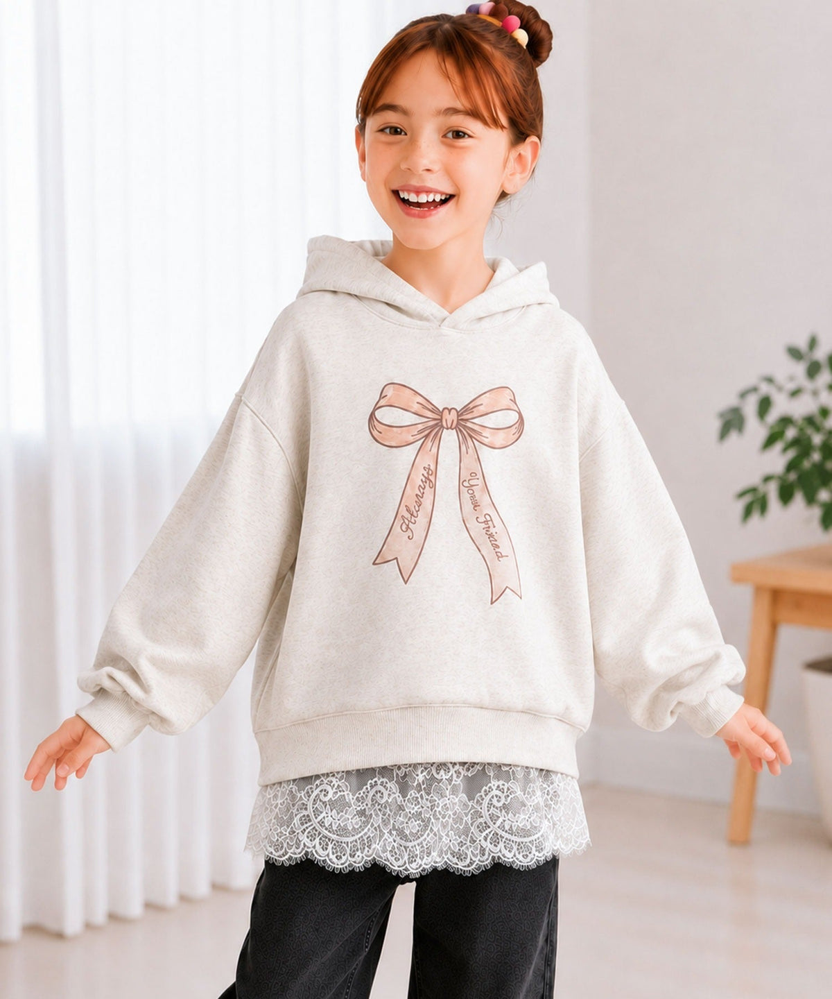 【キッズ】親子お揃いOK♪さらっと今っぽくなる 裾レースドッキングTシャツ(長袖) ck1020364