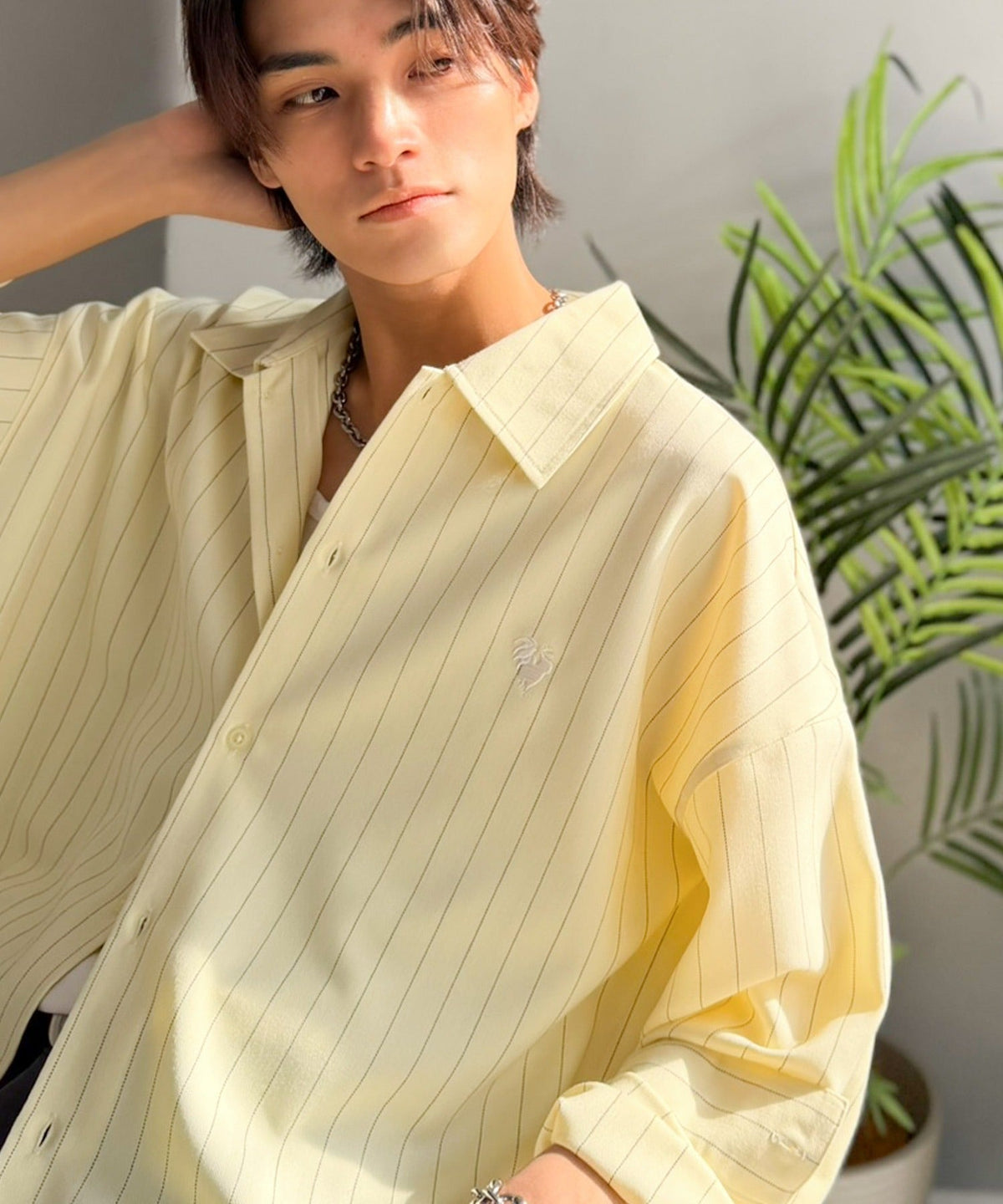 【Classical Origin】「大人のさりげなさ。」刺繍入りストライプ柄オーバーサイズシャツ（長袖）/Embroidered Stripe Pattern Oversized Shirt co1010023
