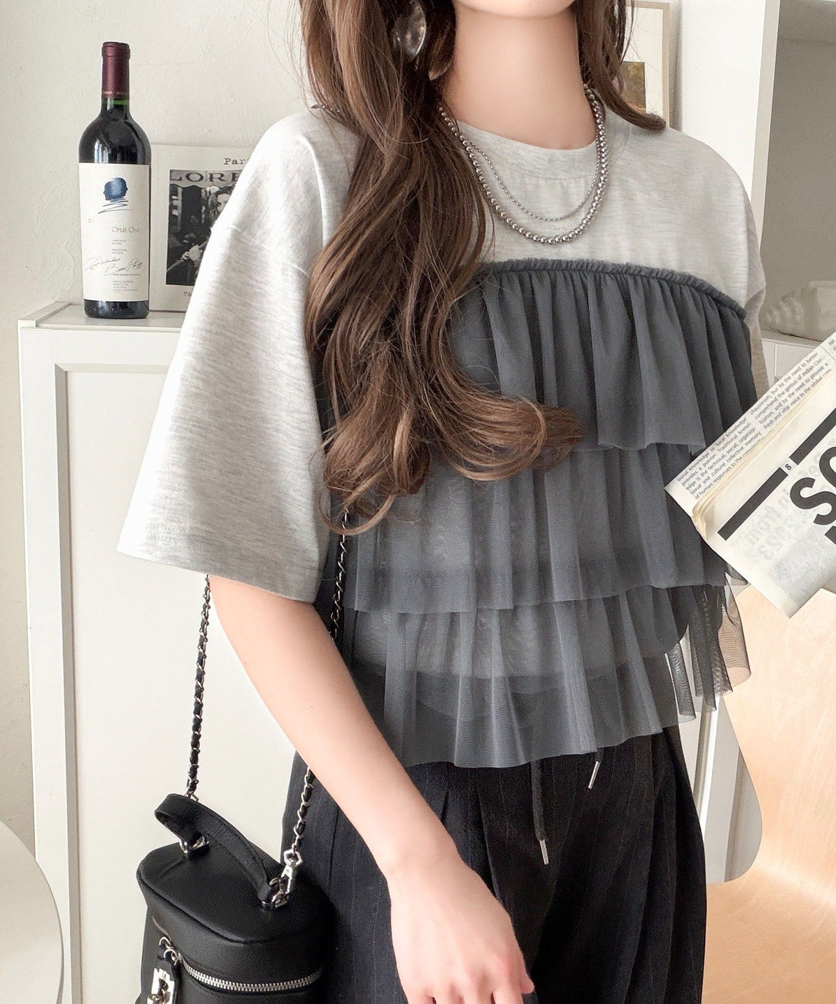 重ねてる風、が今っぽい。ビスチェ風チュールフリルドッキングTシャツ（半袖） ce1010572