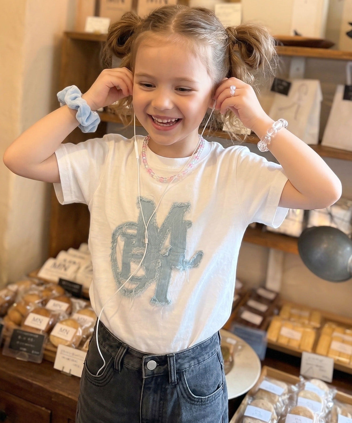【キッズ】親子リンクコーデ可能♪毎日着せたい 綿100％デニムワッペンフリンジ使いTシャツ mk1329037