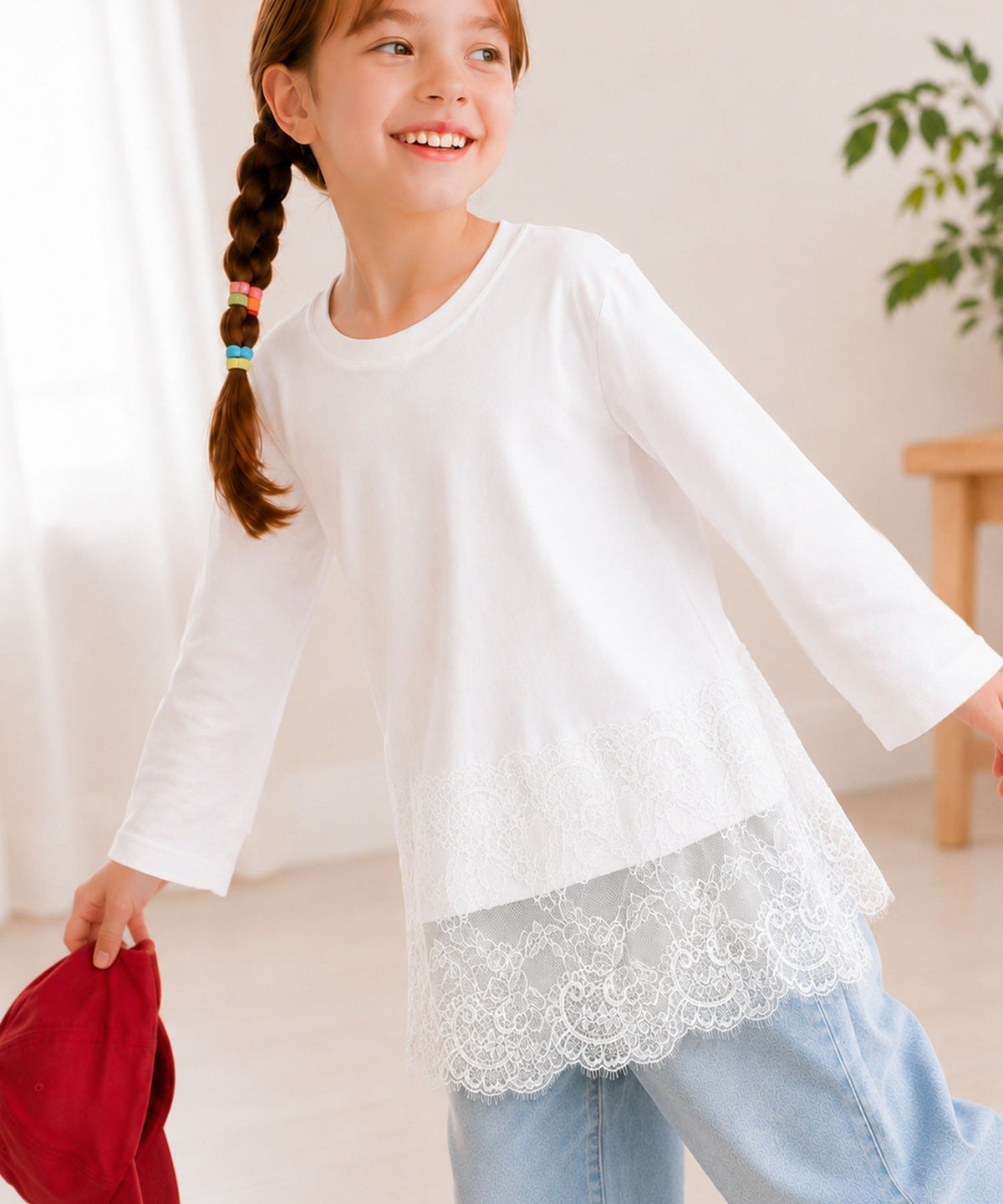 【キッズ】親子お揃いOK♪さらっと今っぽくなる 裾レースドッキングTシャツ(長袖) ck1020364
