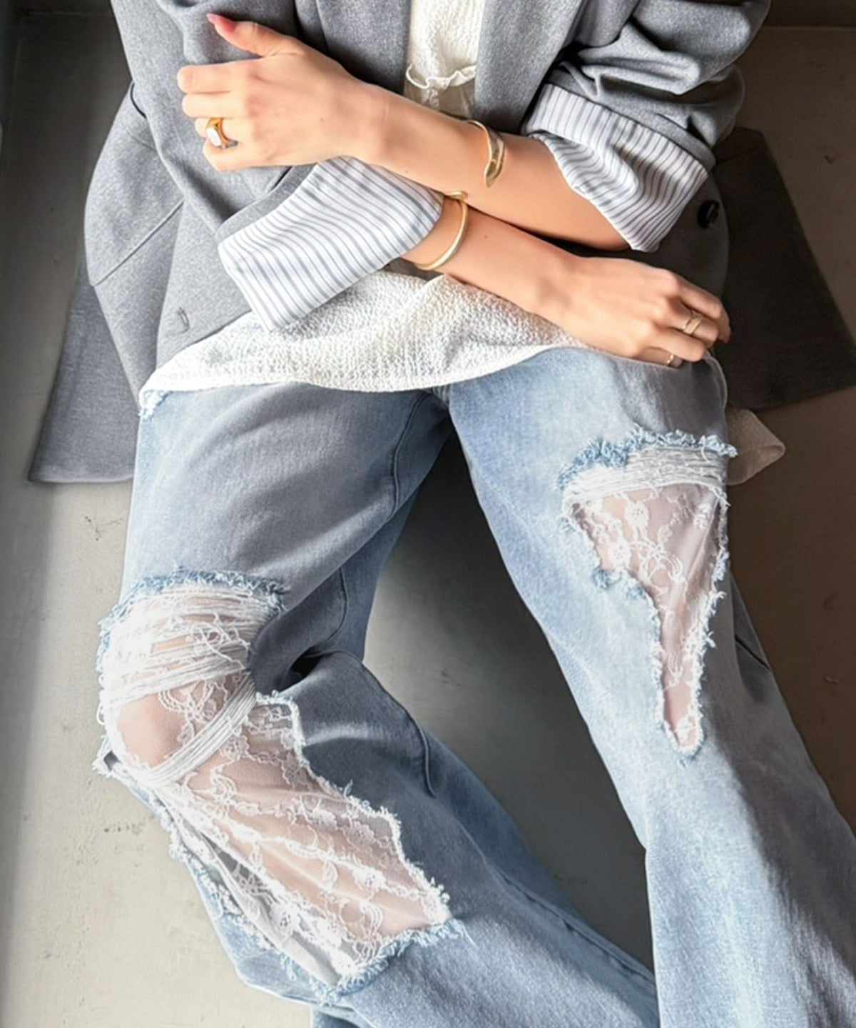 【mily bilet】ラフに可愛く、ちょっと大胆。ダメージレースデニムパンツ（ワイド） mi0909022