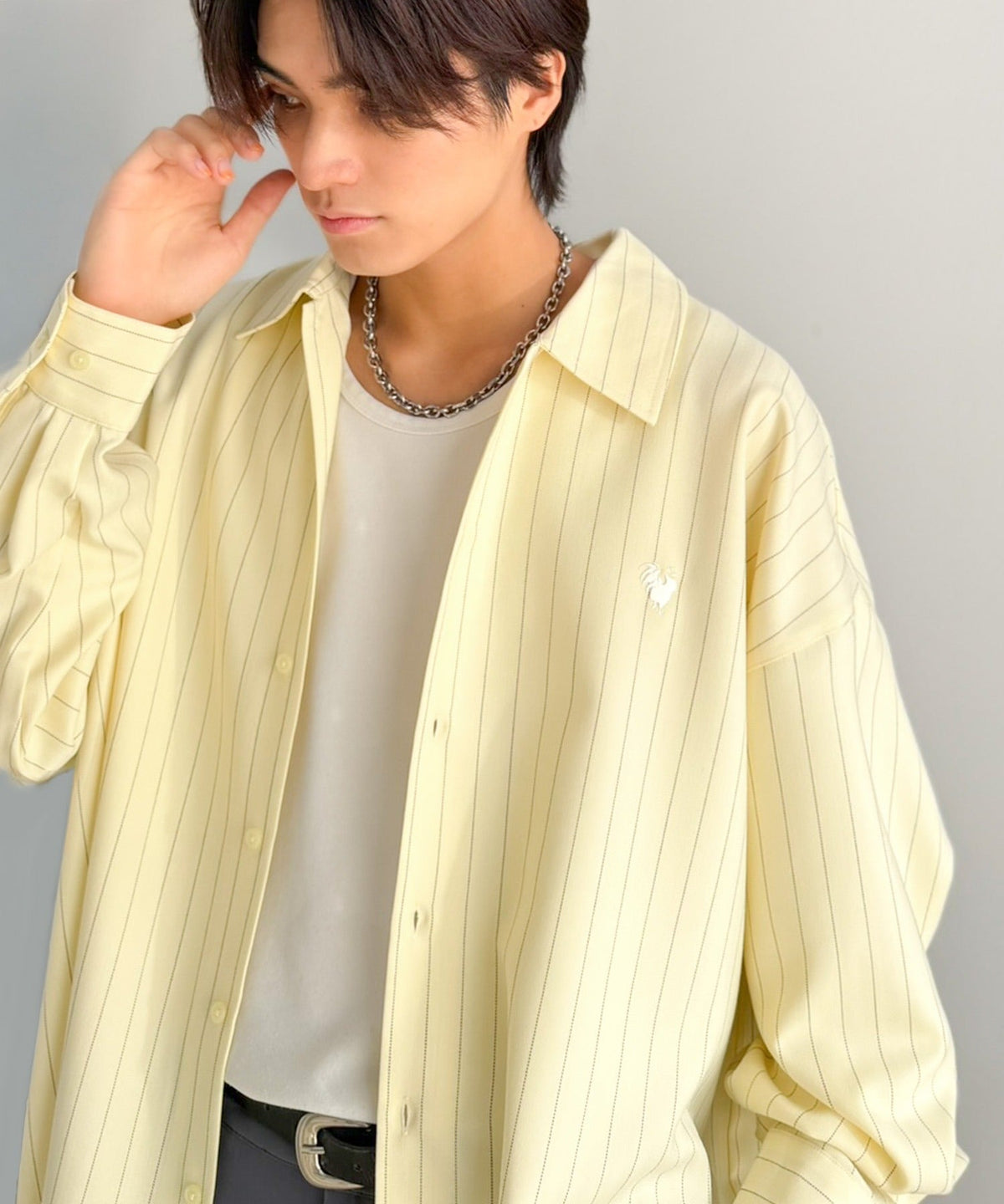 【Classical Origin】「大人のさりげなさ。」刺繍入りストライプ柄オーバーサイズシャツ（長袖）/Embroidered Stripe Pattern Oversized Shirt co1010023