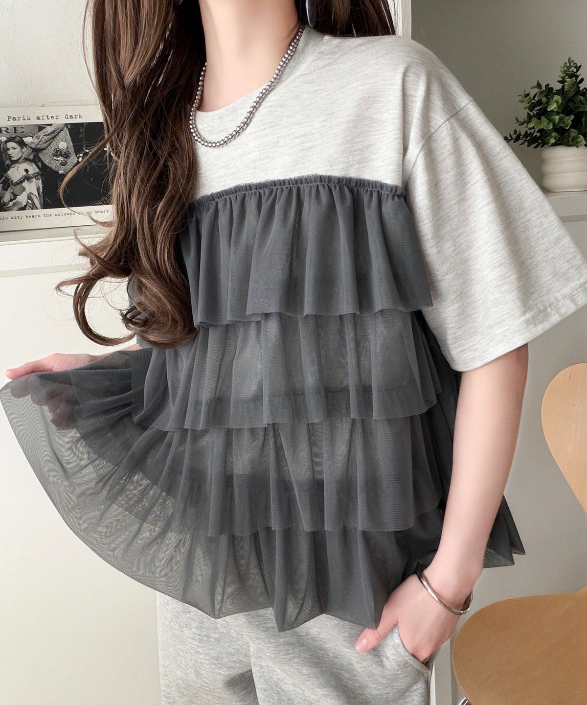 重ねてる風、が今っぽい。ビスチェ風チュールフリルドッキングTシャツ（半袖） ce1010572