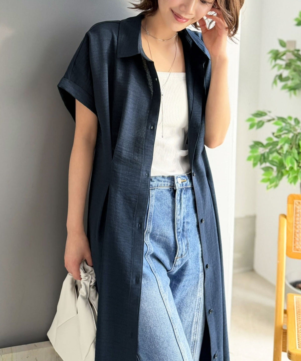 清涼感あるリネンライク素材。きちんと感漂う最旬リネンライクウエストタックシャツワンピース（半袖） ce1010565
