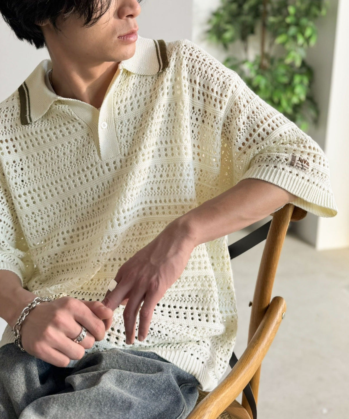 《JaVaジャバコラボ》レトロ〝っぽい〟がちょうどいい。メッシュ編地柄 スキッパー襟 ニットポロシャツ（半袖） jo1250002