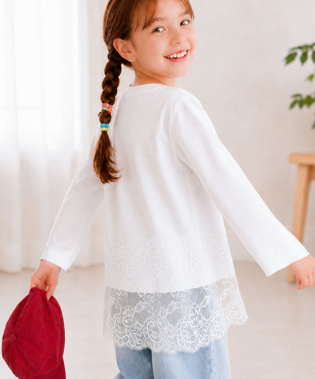 【キッズ】親子お揃いOK♪さらっと今っぽくなる 裾レースドッキングTシャツ(長袖) ck1020364