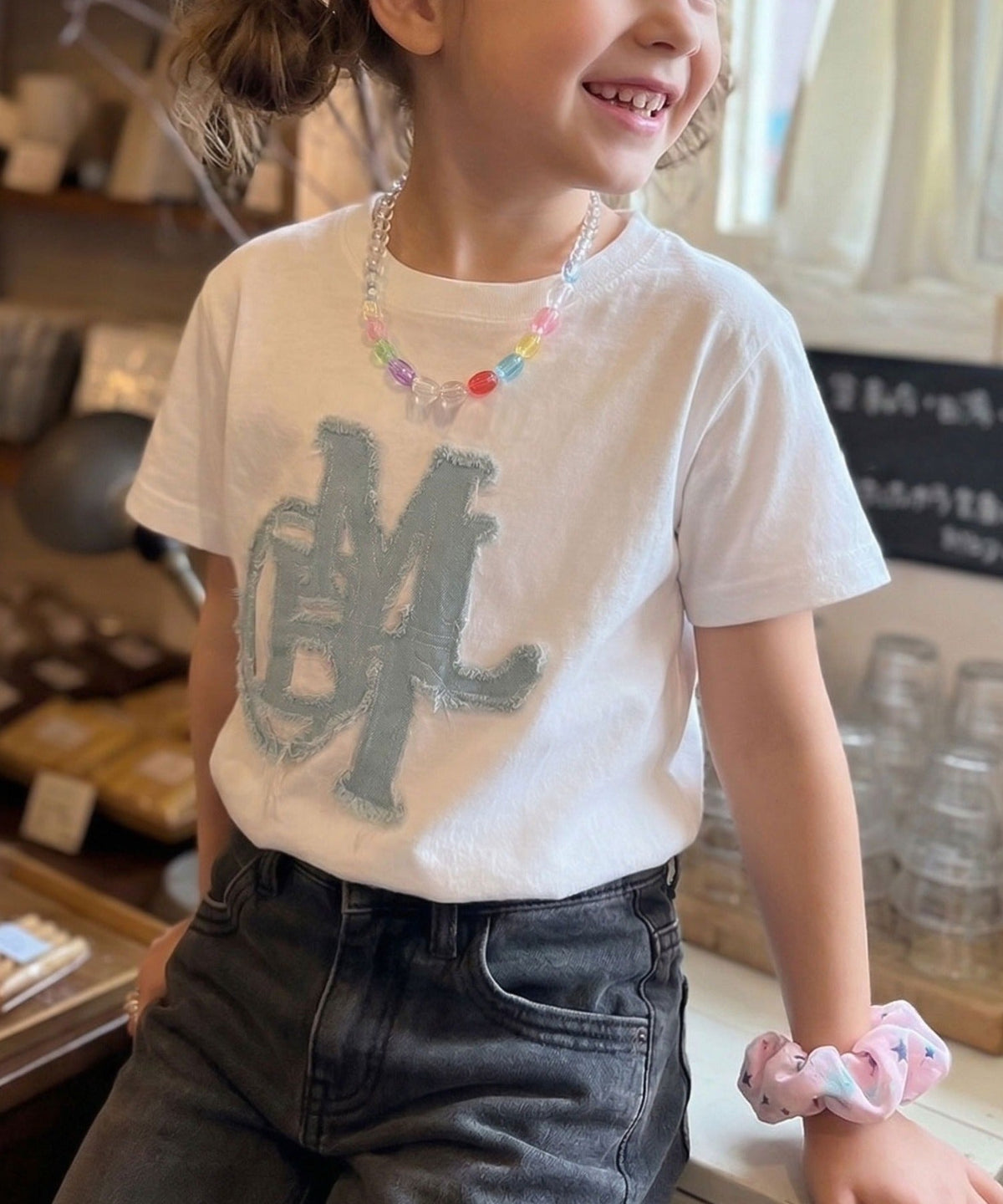 【キッズ】親子リンクコーデ可能♪毎日着せたい 綿100％デニムワッペンフリンジ使いTシャツ mk1329037