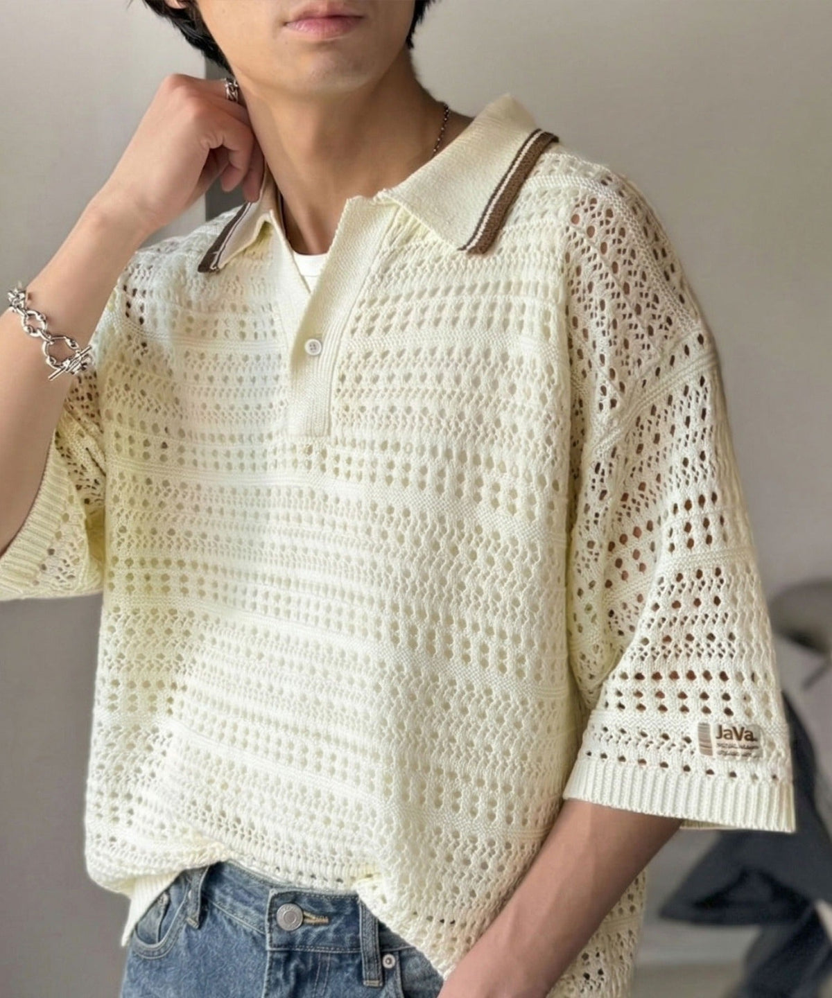 《JaVaジャバコラボ》レトロ〝っぽい〟がちょうどいい。メッシュ編地柄 スキッパー襟 ニットポロシャツ（半袖） jo1250002