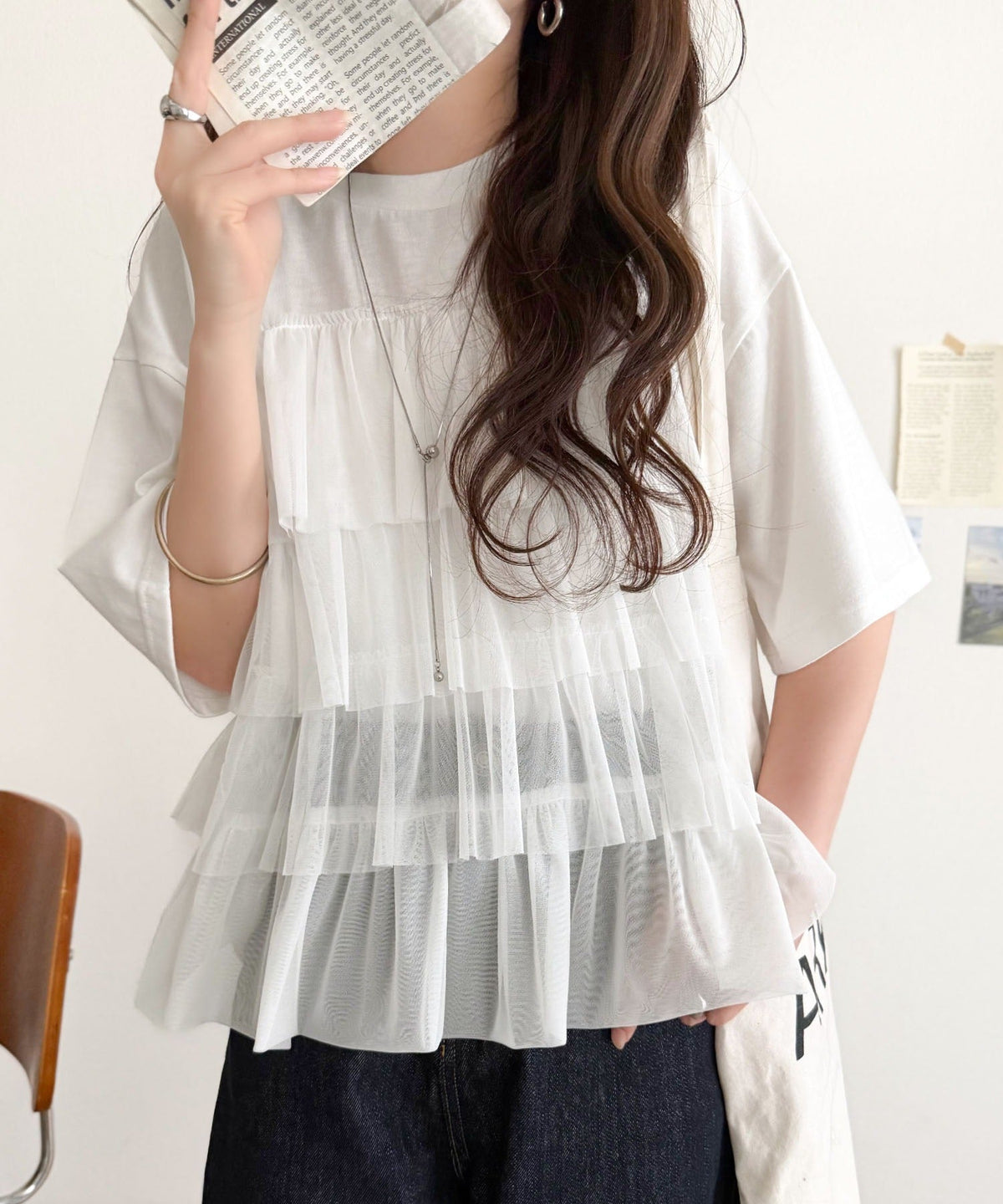 重ねてる風、が今っぽい。ビスチェ風チュールフリルドッキングTシャツ（半袖） ce1010572