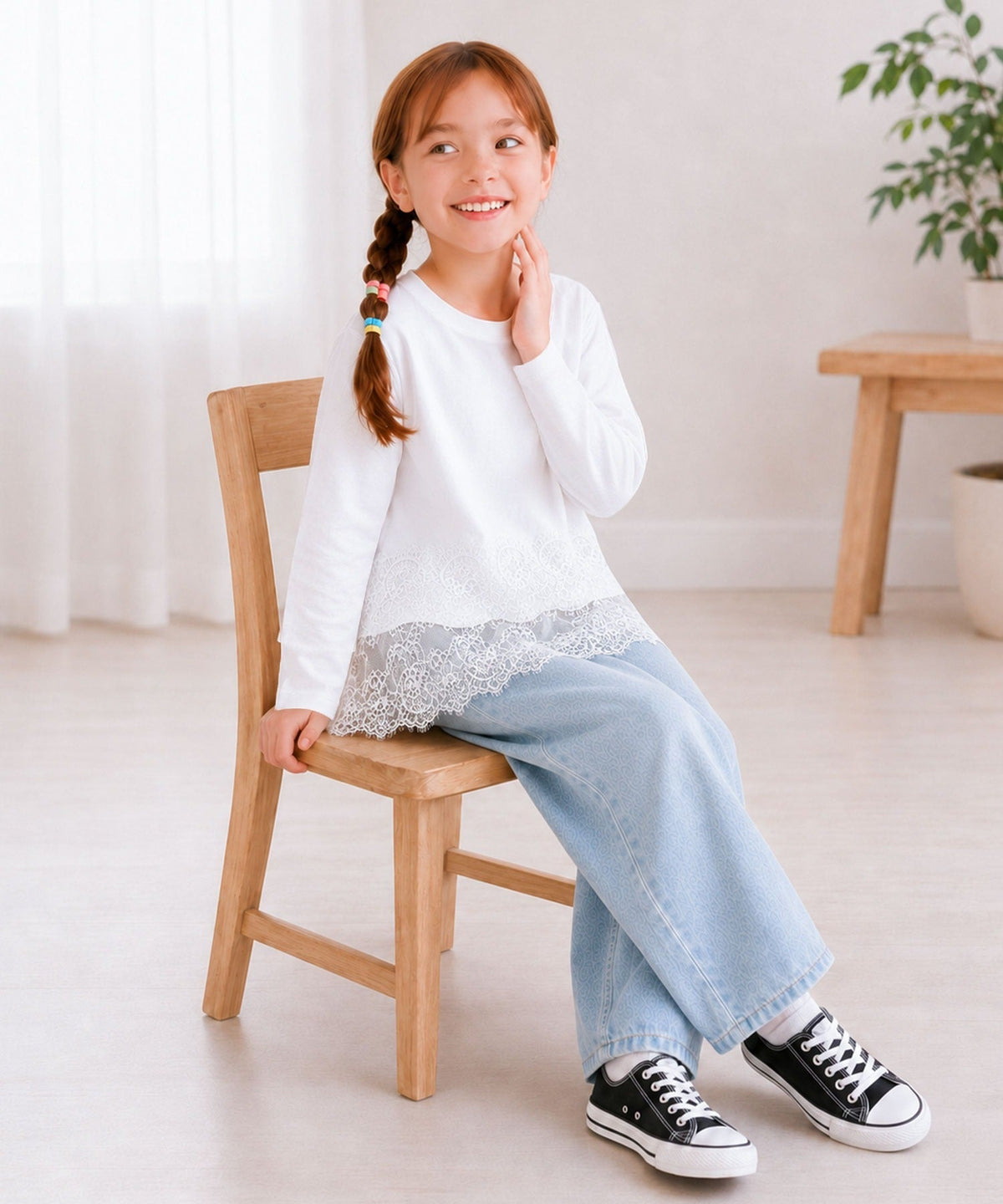 【キッズ】親子お揃いOK♪さらっと今っぽくなる 裾レースドッキングTシャツ(長袖) ck1020364