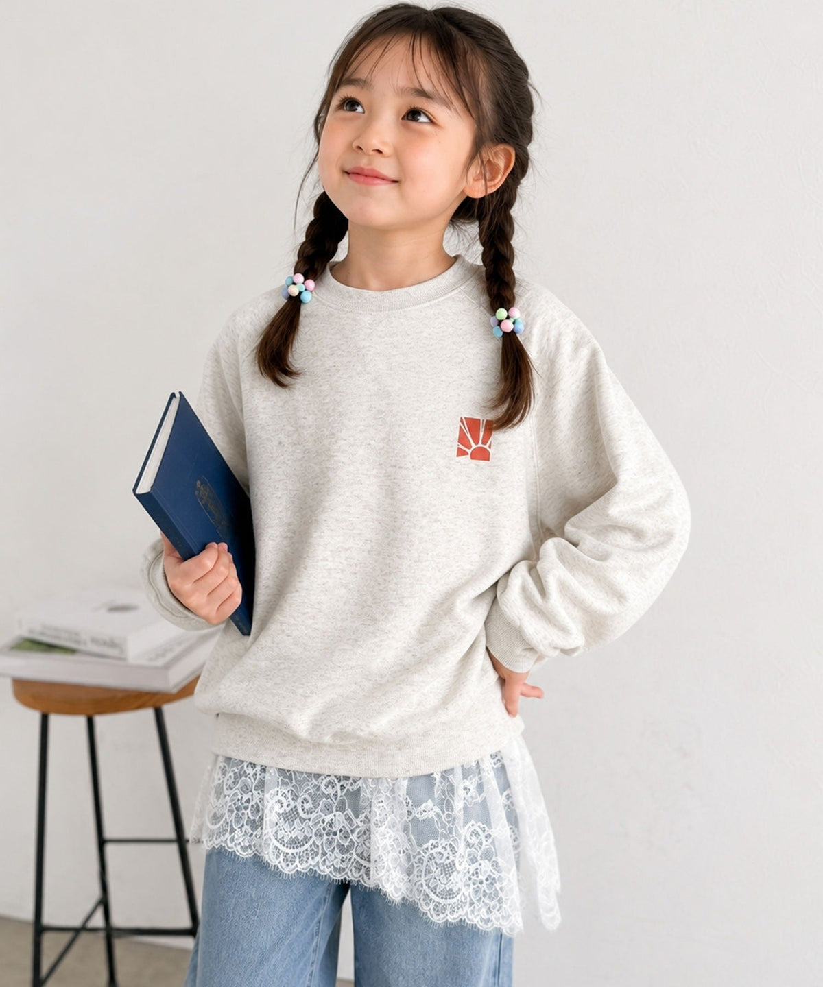【キッズ】親子お揃いOK♪さらっと今っぽくなる 裾レースドッキングTシャツ(長袖) ck1020364