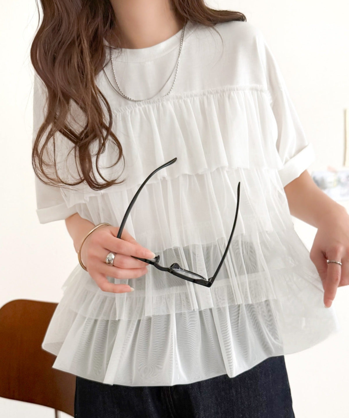 重ねてる風、が今っぽい。ビスチェ風チュールフリルドッキングTシャツ（半袖） ce1010572