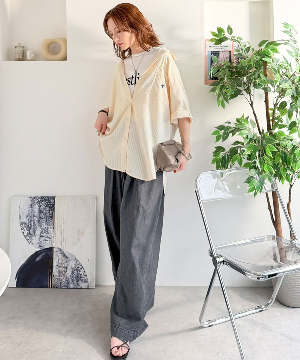 【接触冷感・吸水速乾・UVカット・防シワ機能付き】愛されレトロムードな大人カジュアル♪ドビーストライプロールアップシャツ（半袖） ce1265072