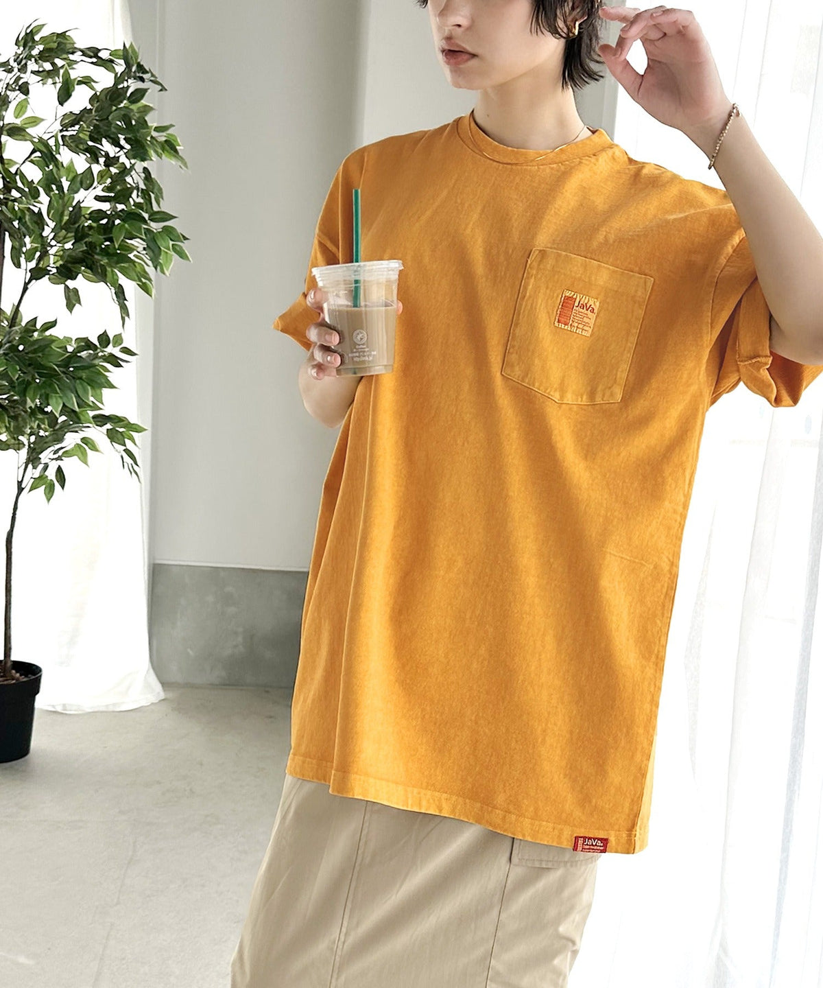 《JaVa ジャバコラボ》古着風ストリートMIX。綿100%ヘヴィーウエイト胸ポケピグメントTシャツ jv1029020