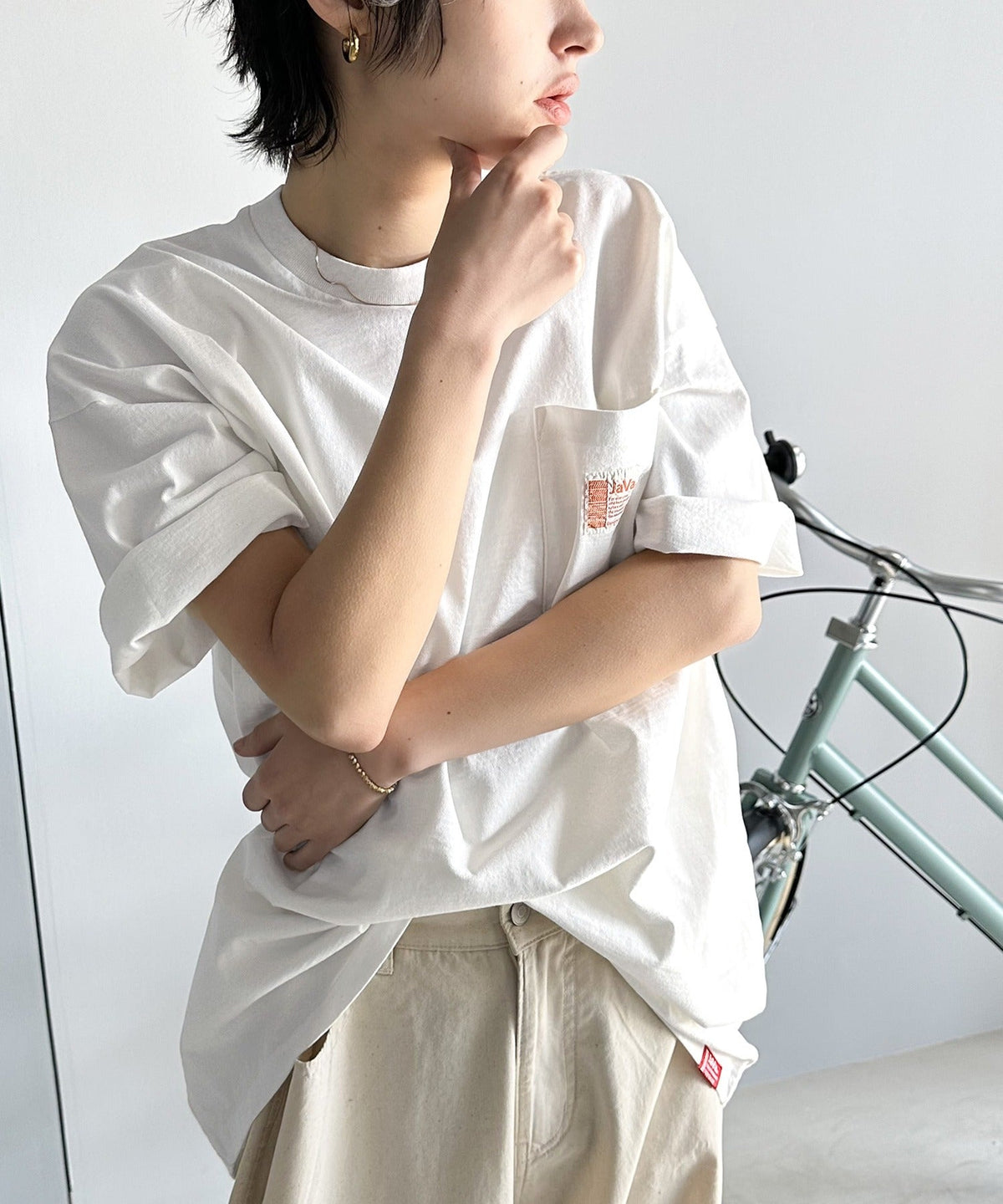《JaVa ジャバコラボ》古着風ストリートMIX。綿100%ヘヴィーウエイト胸ポケピグメントTシャツ jv1029020