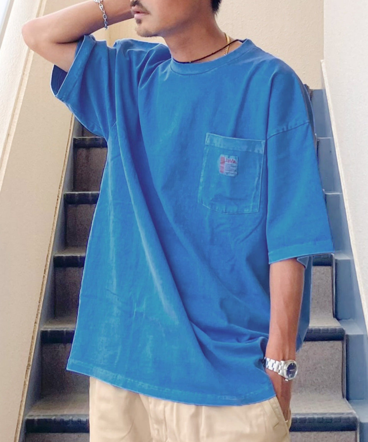 《JaVa ジャバコラボ》古着風ストリートMIX。綿100%ヘヴィーウエイト胸ポケピグメントTシャツ jv1029020
