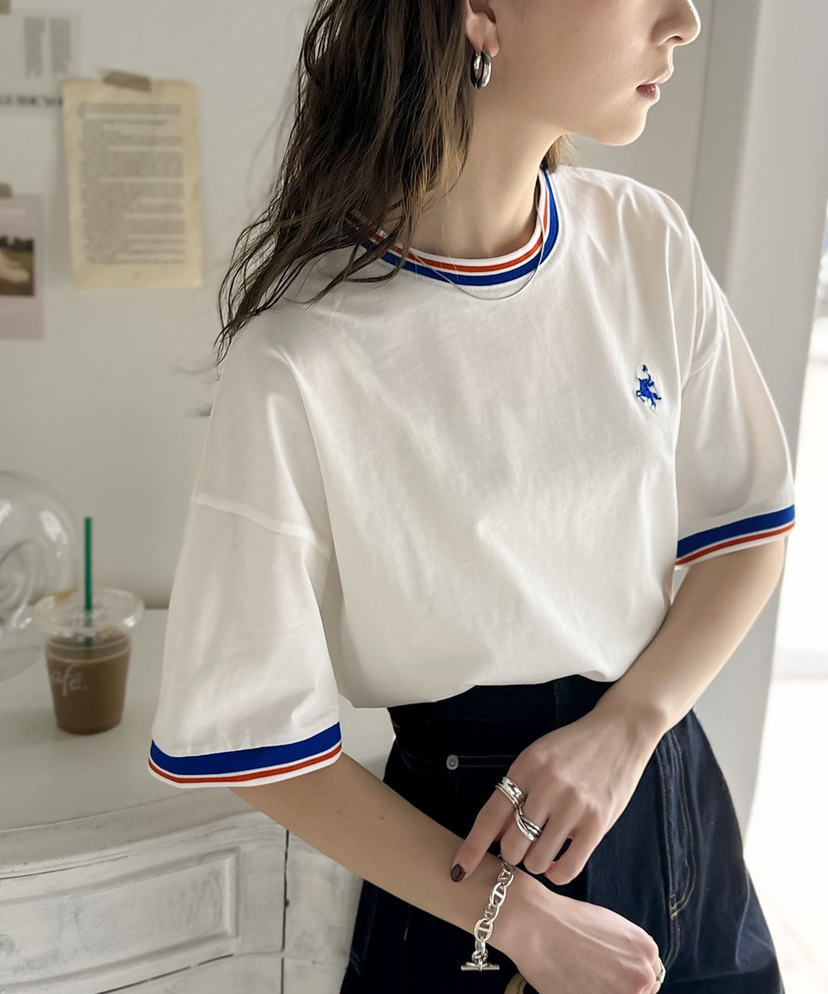 《JaVa ジャバコラボ》大人スポーティー。綿100%シルケット 配色刺繍Tシャツ jv1050074